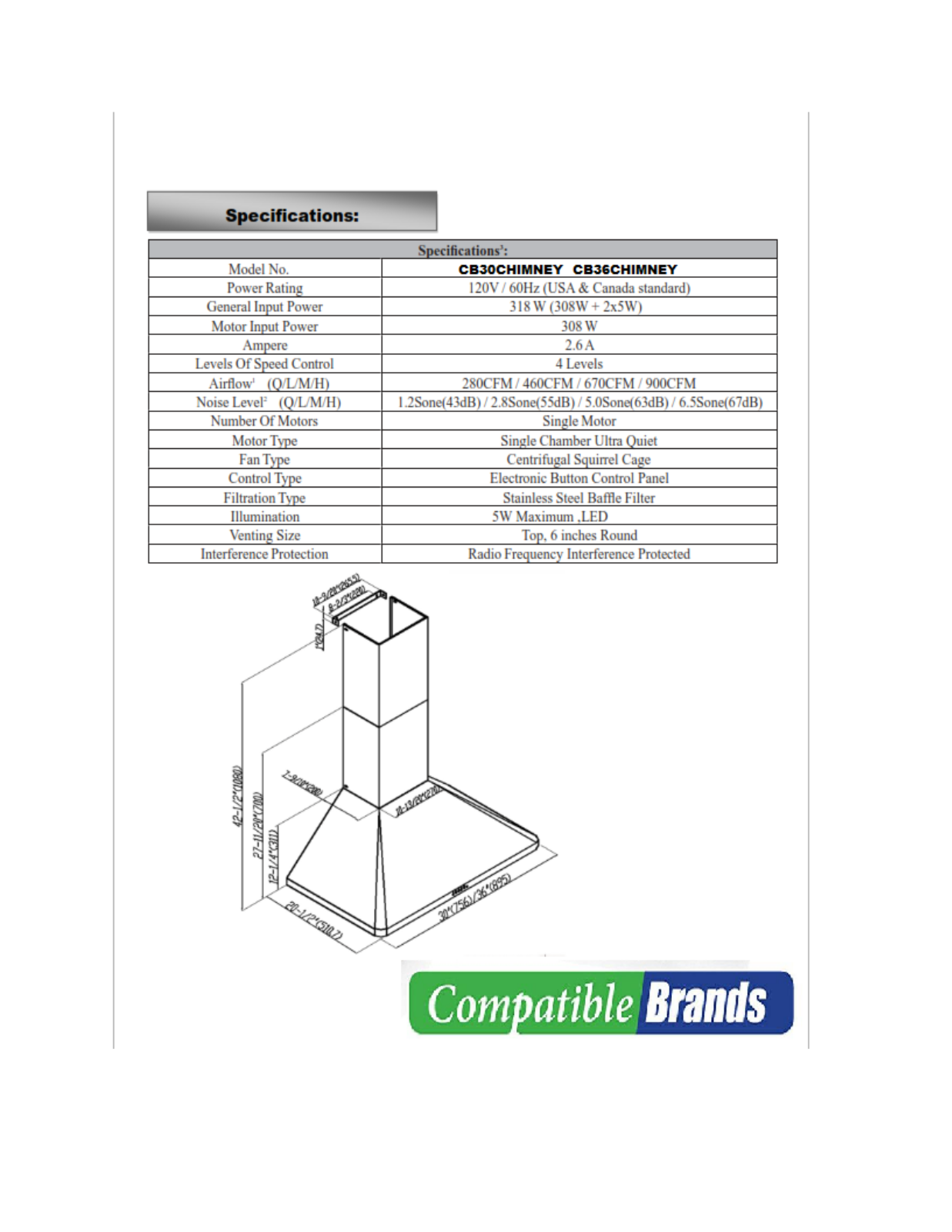 Compatiblebrands CB30CHIMNEY, CB36CHIMNEY Specsheet