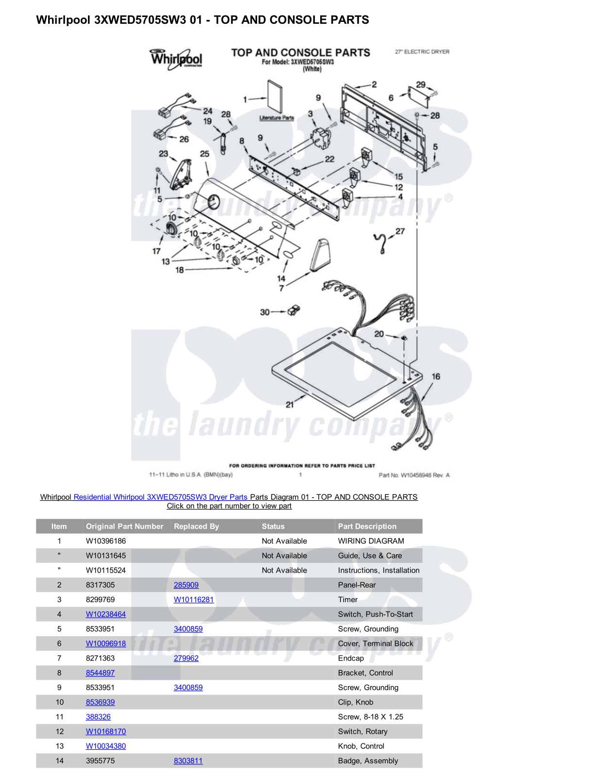 Whirlpool 3XWED5705SW3 Parts Diagram