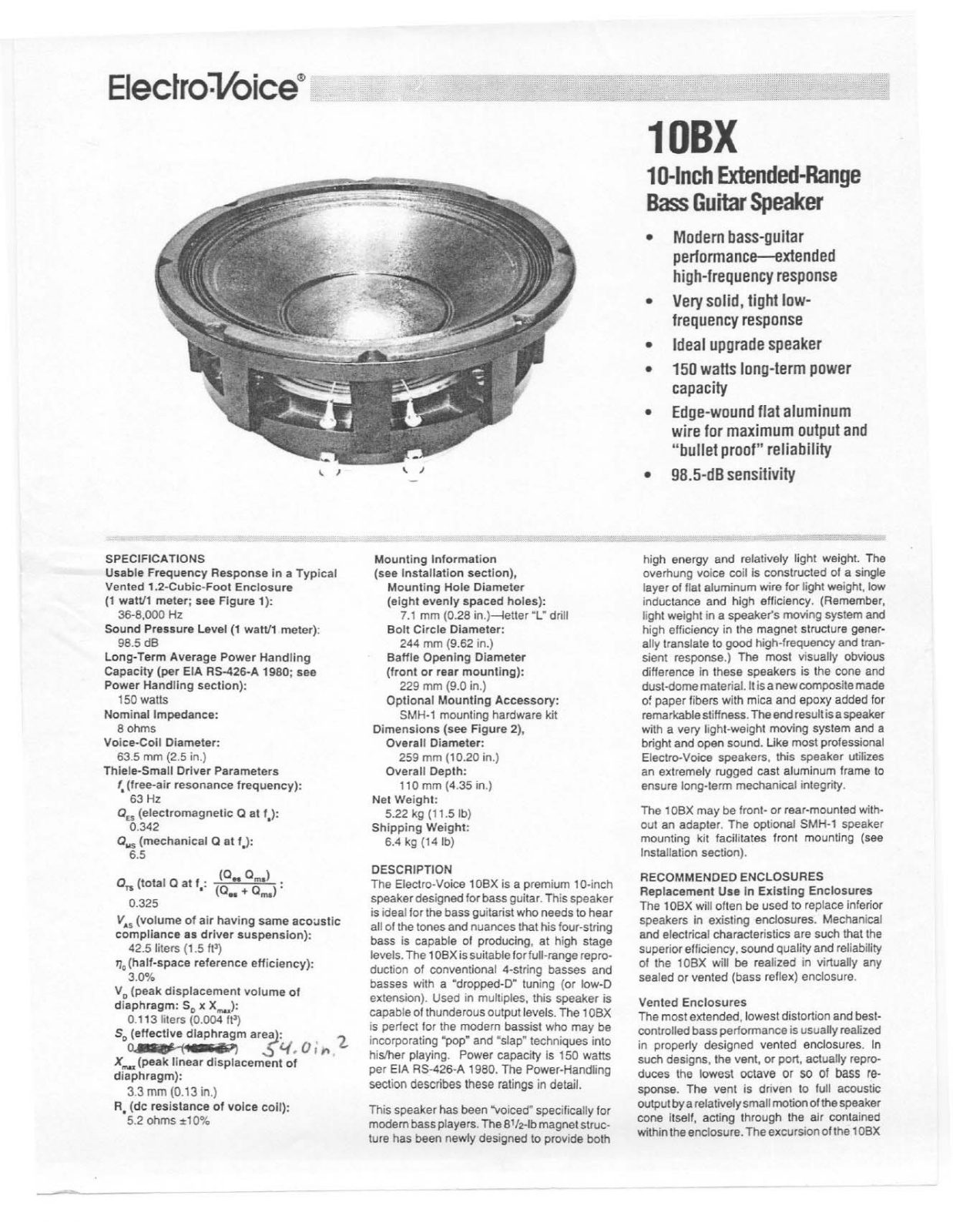 Electro-voice 10BX specification and instructions