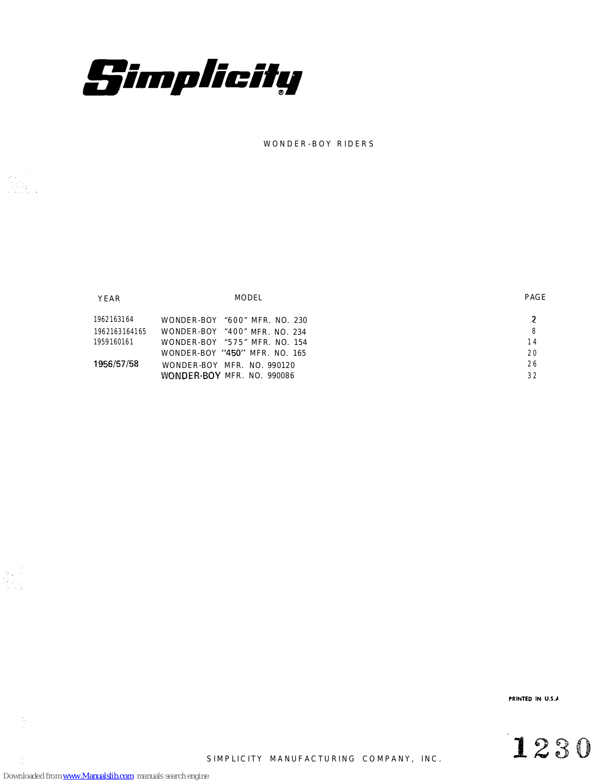 Simplicity Wonder-Boy 990120, Wonder-Boy 990086, Wonder-Boy 600, Wonder-Boy 400, Wonder-Boy 575 Parts Manual