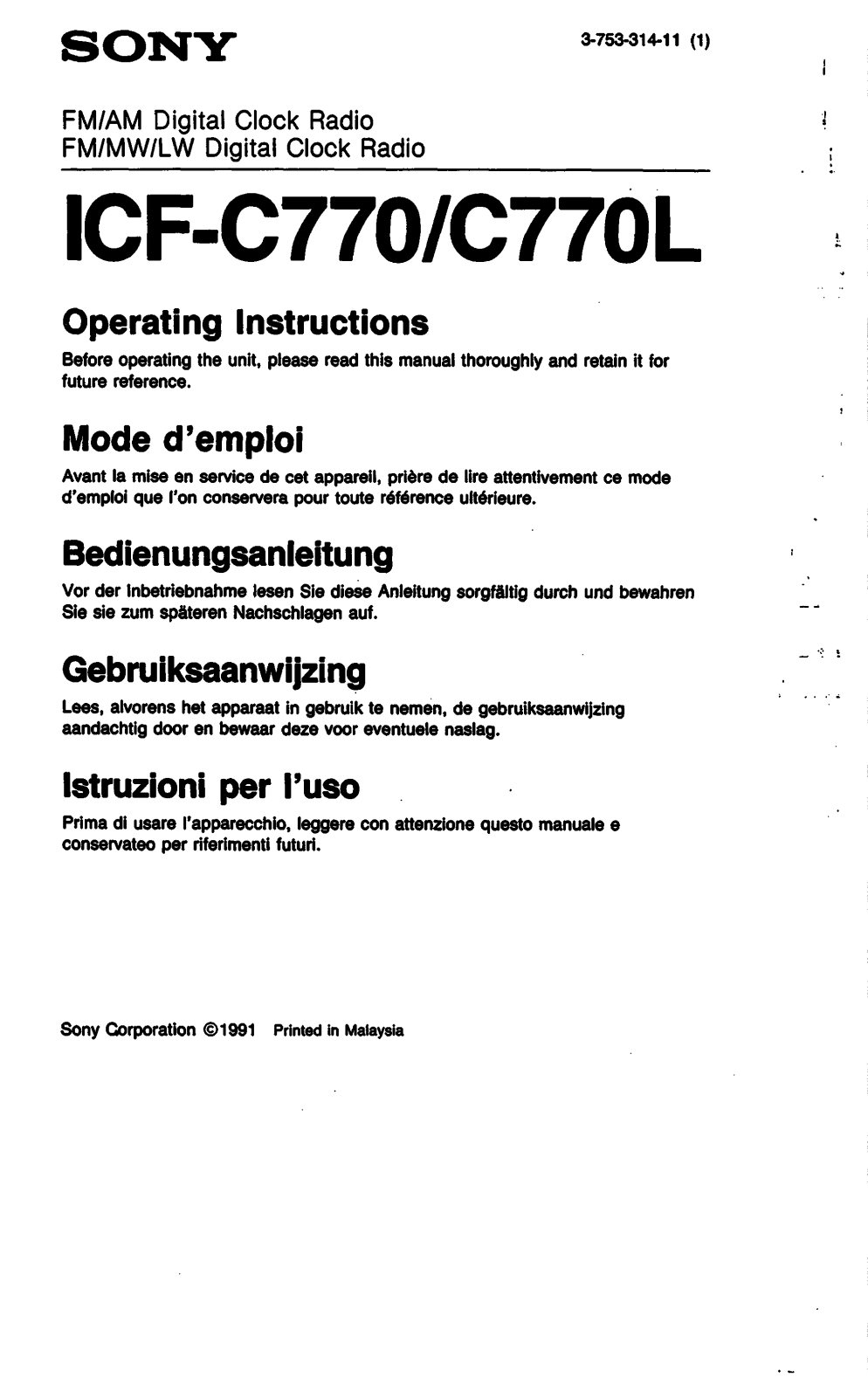 Sony ICF-C770, ICF-C770L Operating Instructions