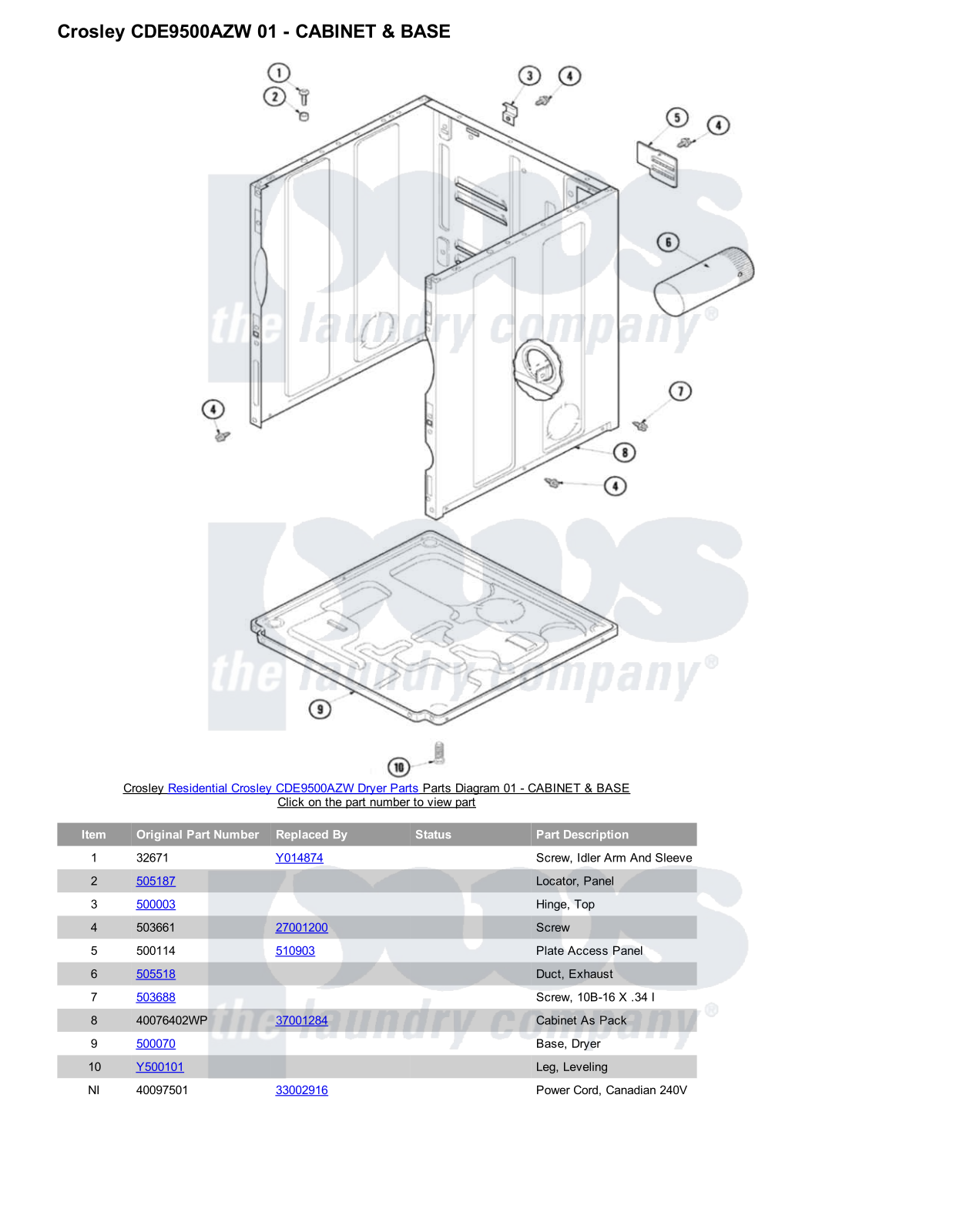 Crosley CDE9500AZW Parts Diagram