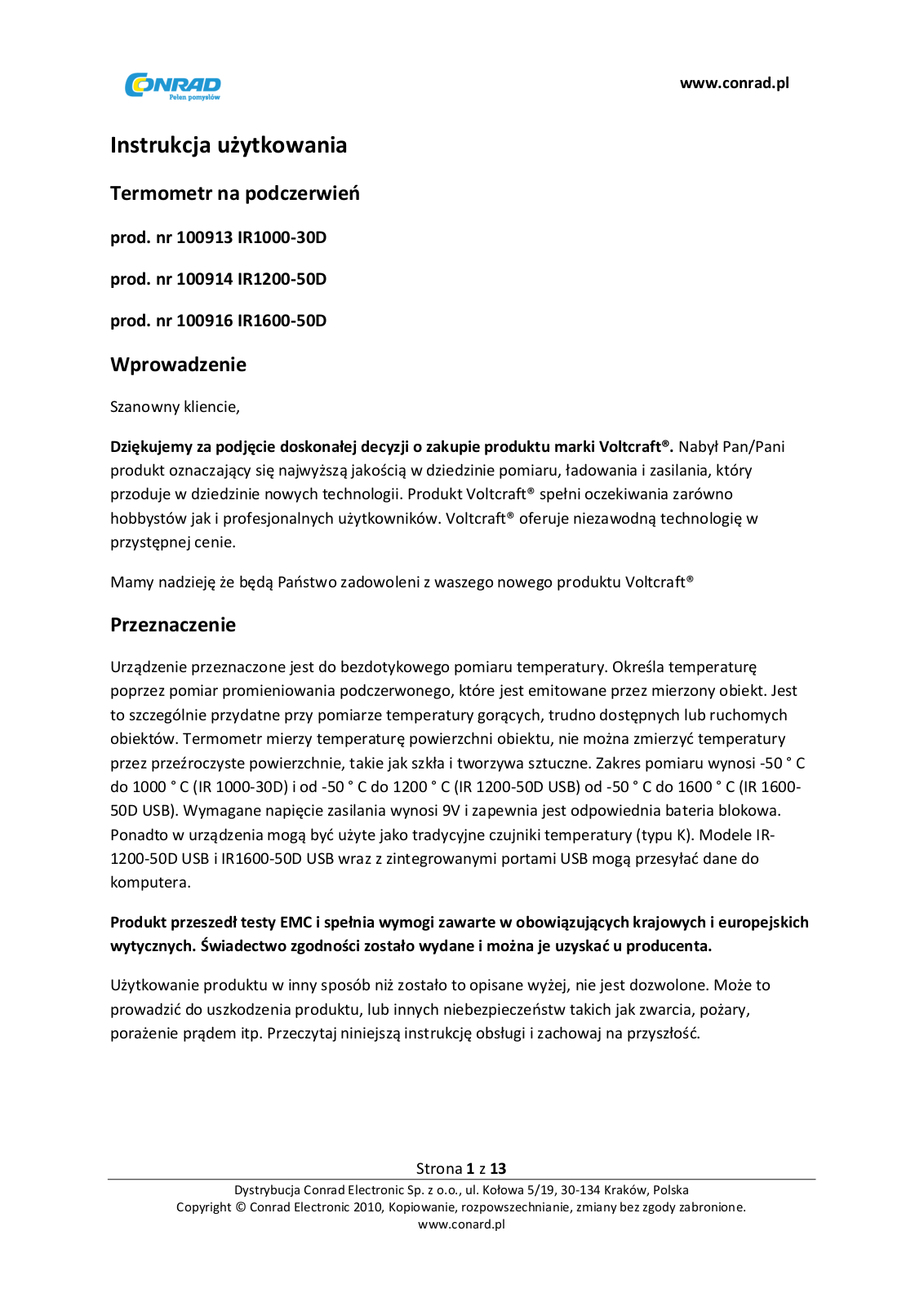 VOLTCRAFT IR 1000-30D, IR 1200-50D USB, IR 1600-50D USB User guide