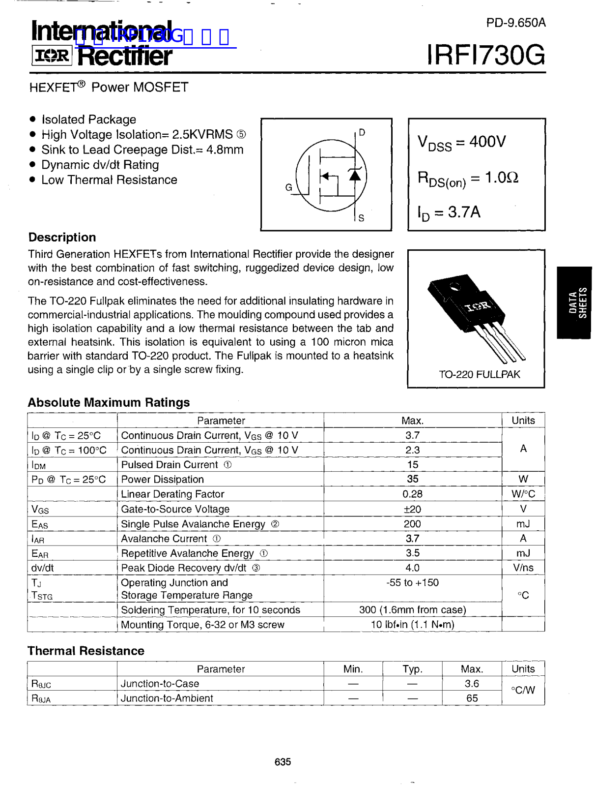 International Rrectifier IRFI730G User Manual