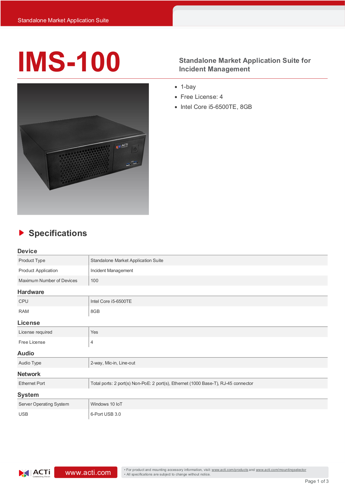 ACTi IMS-100 Specsheet