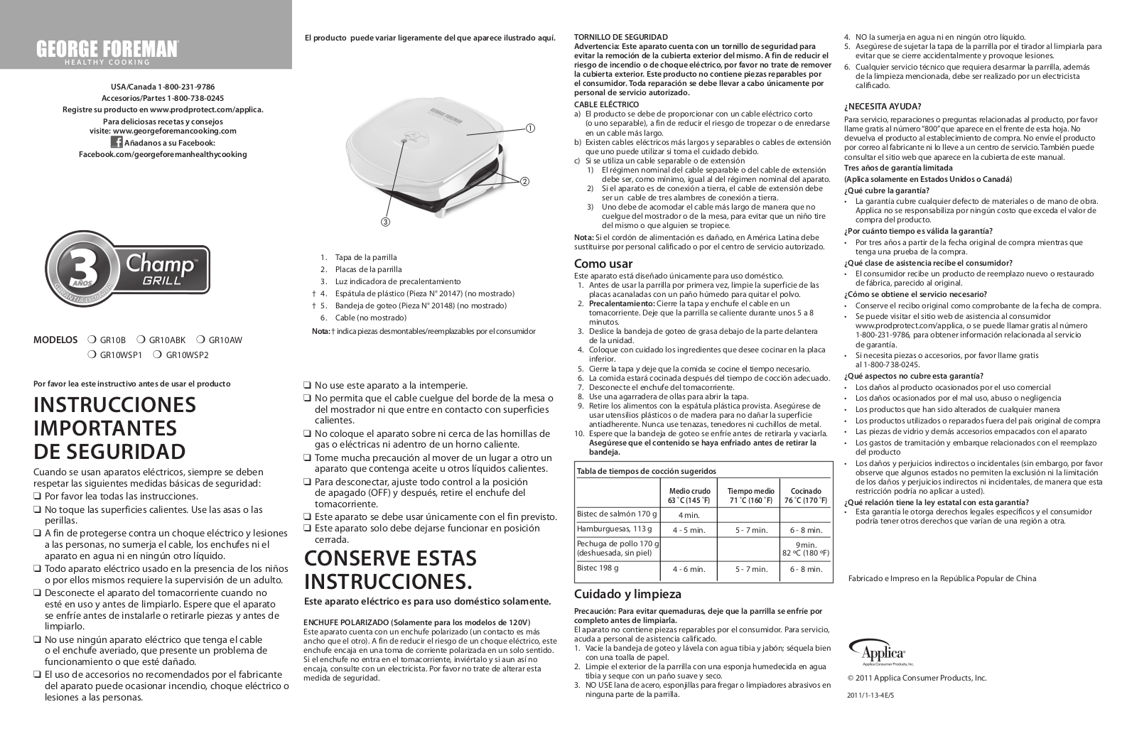 George Foreman GR10ABK, GR10AW, GR10B, GR10WSP1, GR10WSP2 Owner's Manual