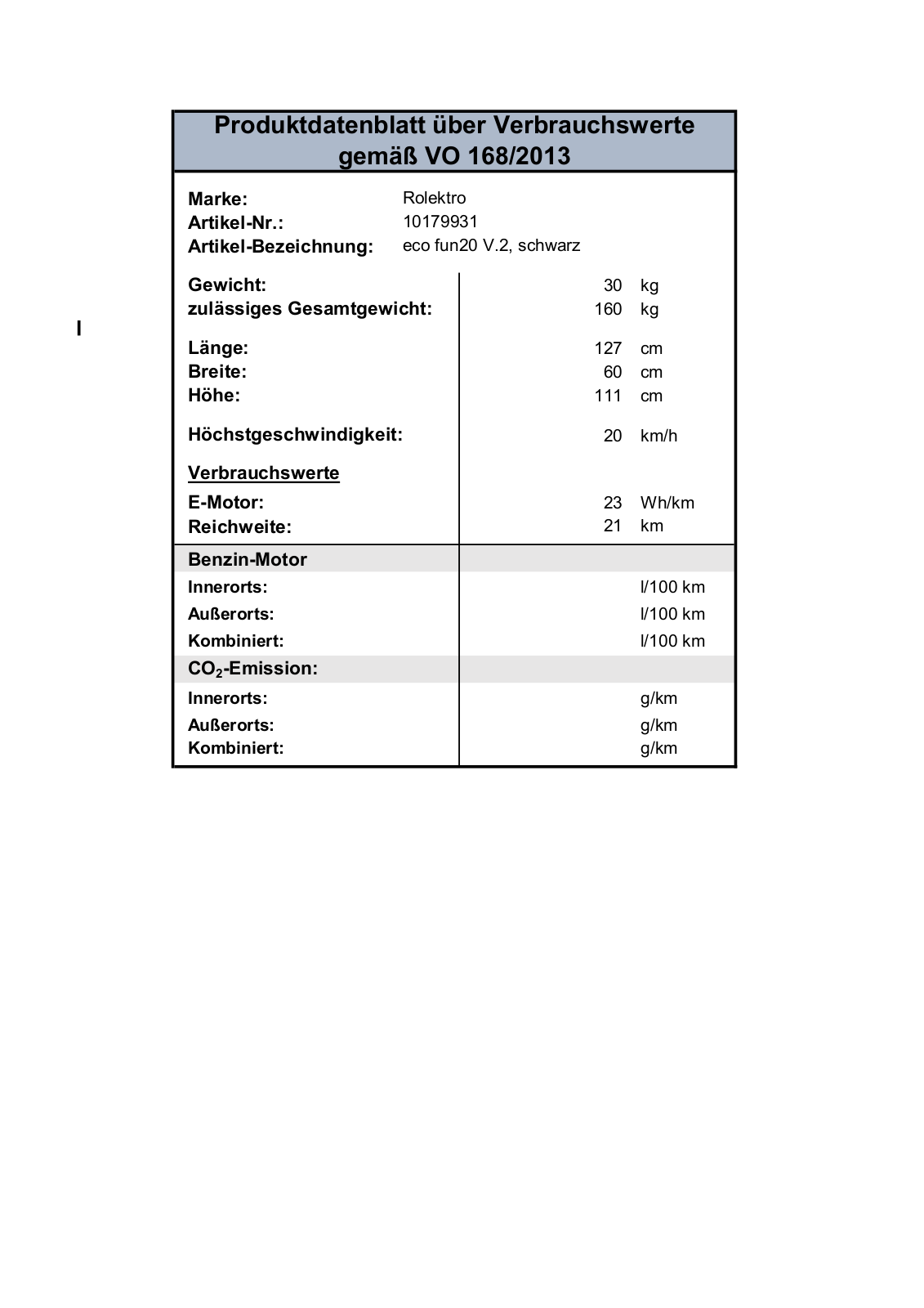 Rolektro eco-Fun 20 V.2 SE Technical data