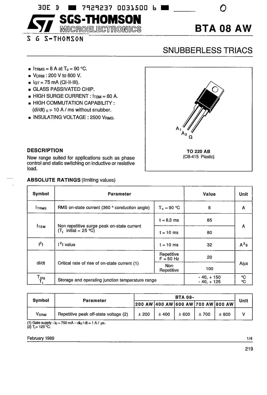 SGS Thomson Microelectronics BTA08-800AW, BTA08-700AW, BTA08-600AW, BTA08-400AW, BTA08-200AW Datasheet