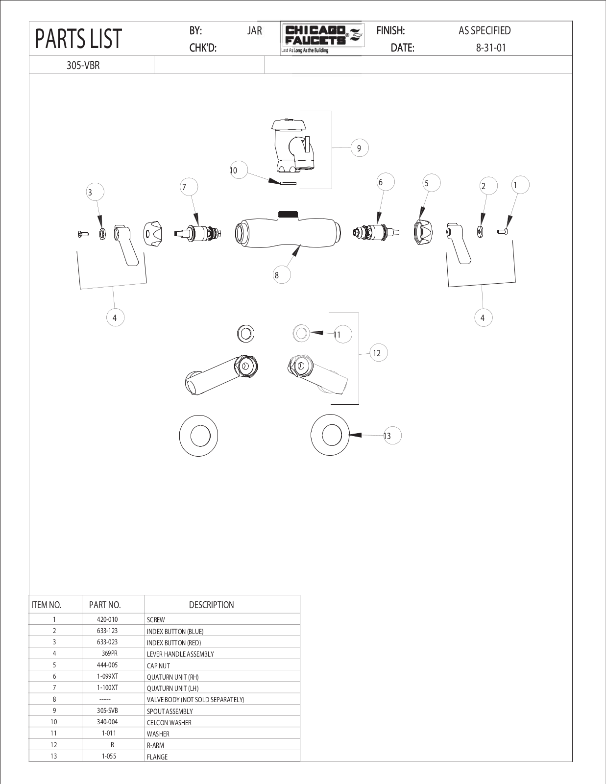 Chicago Faucet 305-VBR, 305-VBRRCF Parts List