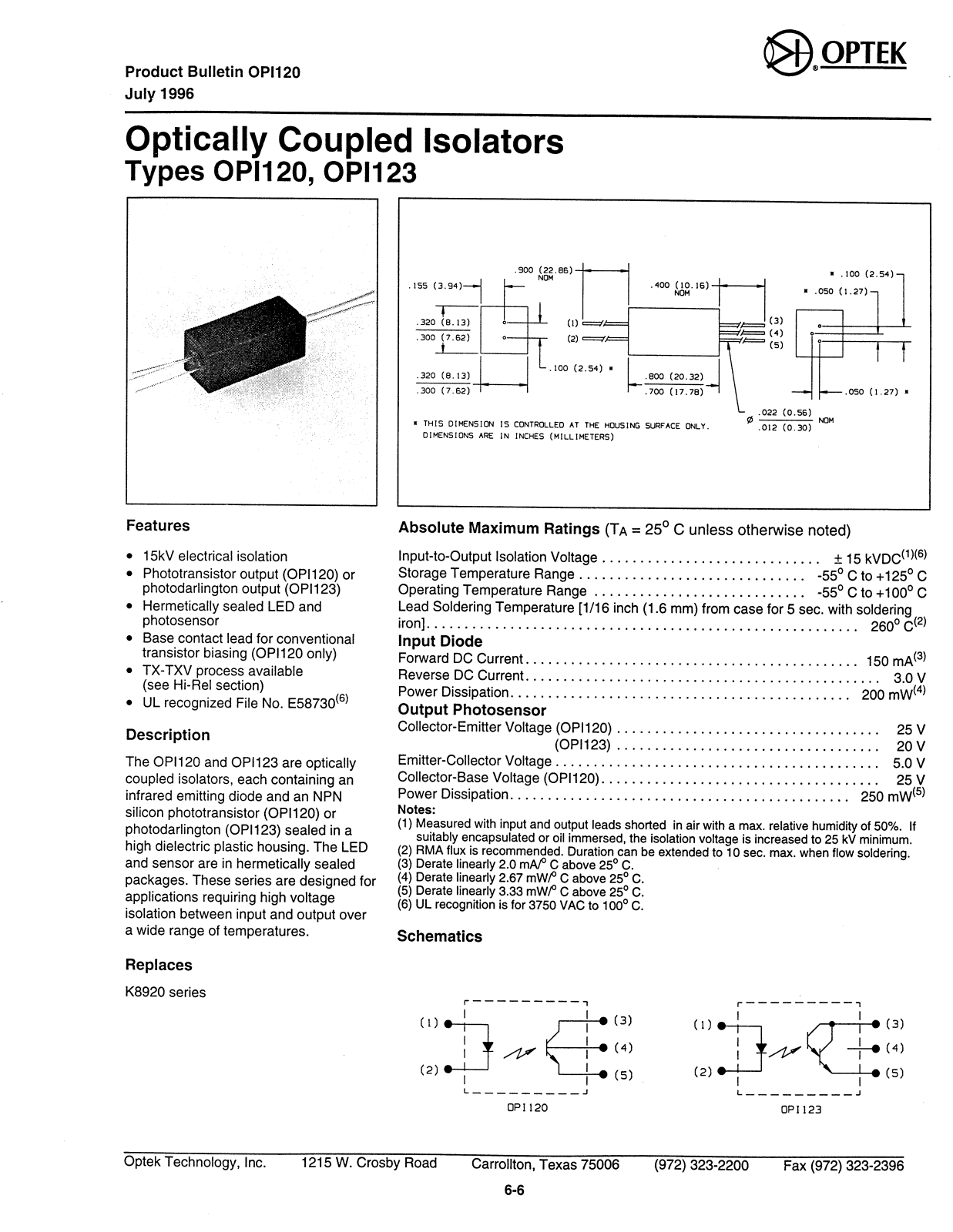 OPTEK OPI123, OPI120 Datasheet