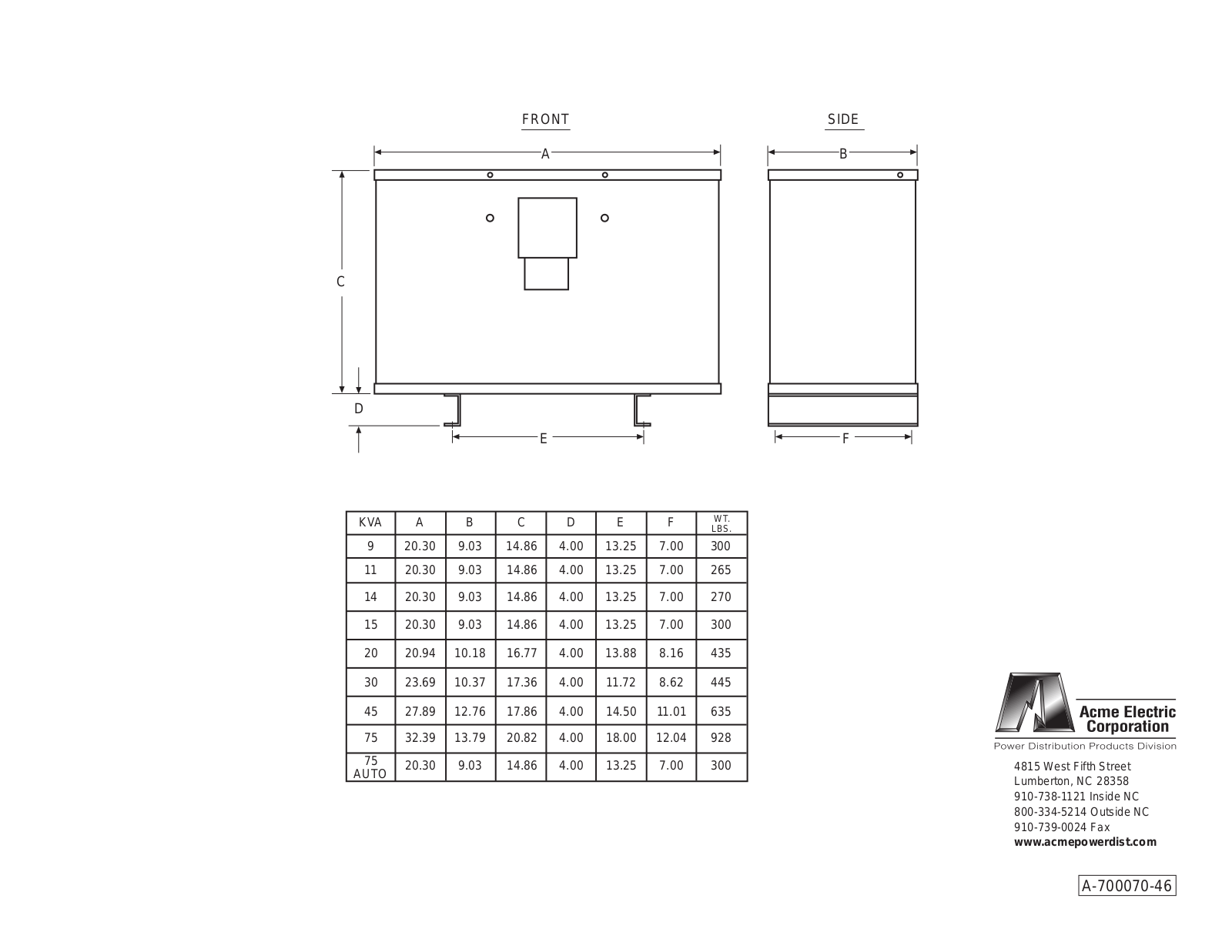 Acme Electric DTHB-014-2S Dimensional Sheet - ManualMachine.com