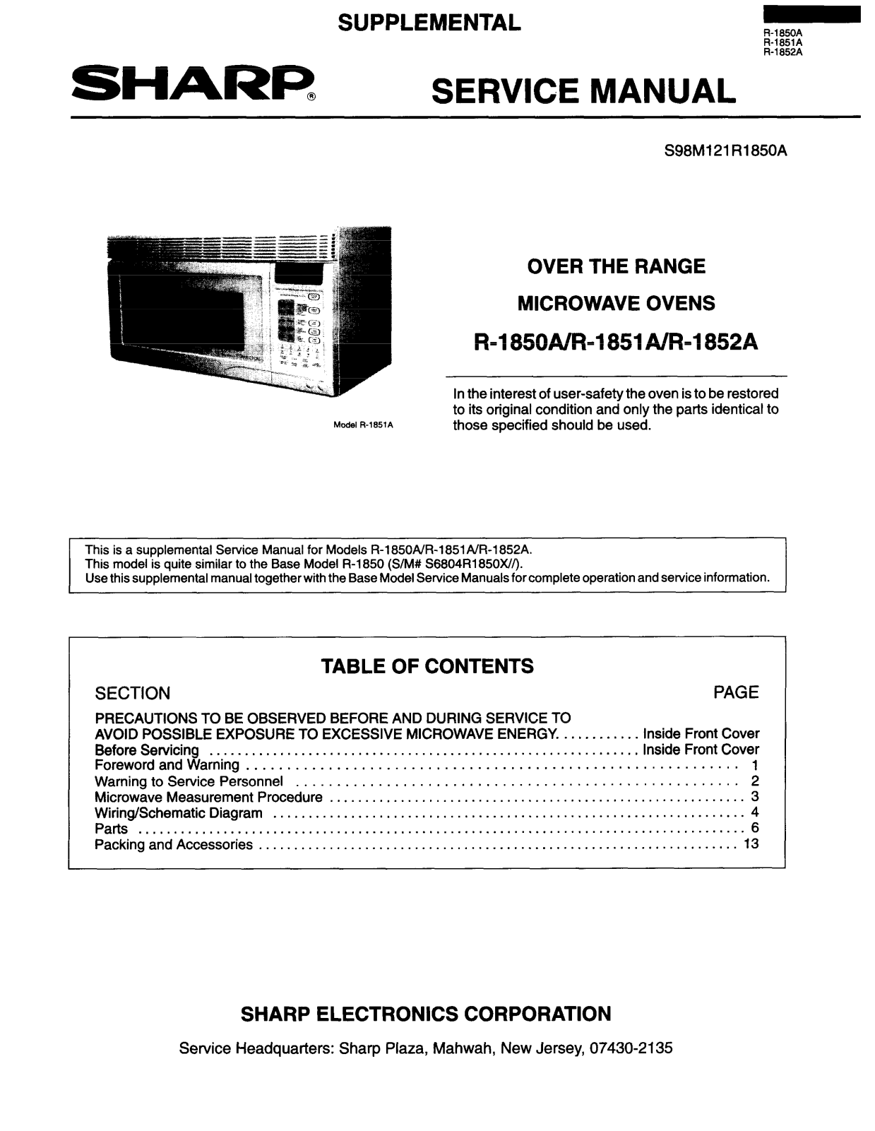 SHARP R1850A, R-1851A, R-1852A Service Manual - ManualMachine.com