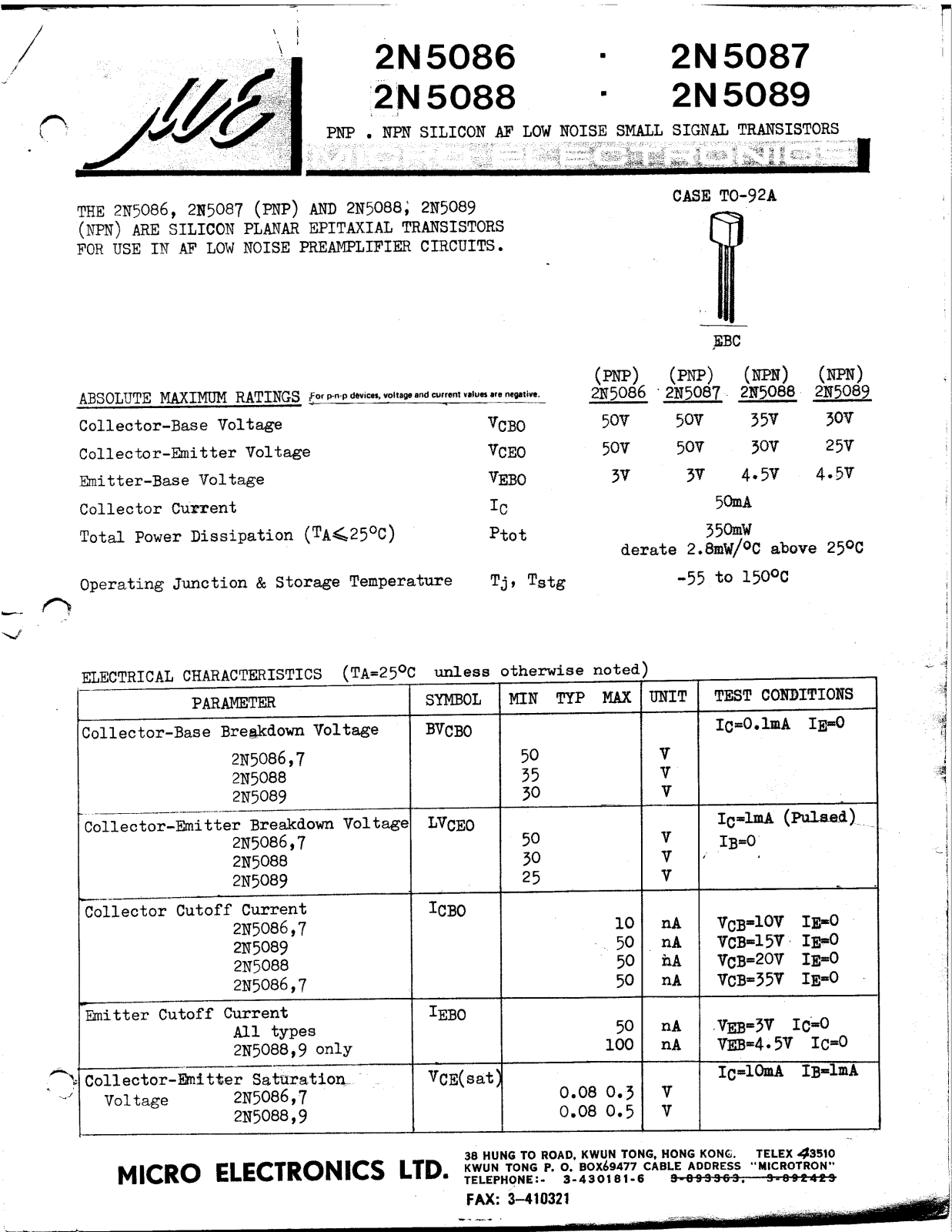 ME 2N5089, 2N5088, 2N5087, 2N5086 Datasheet