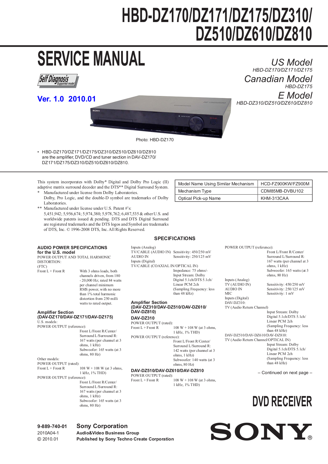 Sony HBD-DZ170, HBD-DZ171, HBD-DZ175, HBD-DZ310, HBD-DZ510 Service Manual