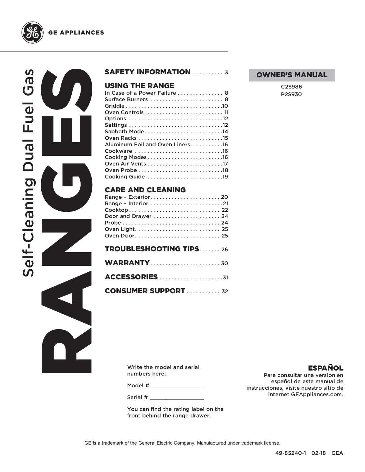 GE P2S930SEL2SS, P2S930SEL1SS, C2S986SEL2SS, C2S986SEL1SS Owner’s Manual