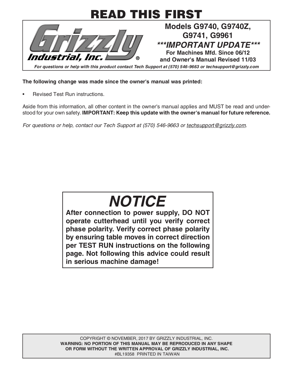 Grizzly G9741, G9961, G9740Z, G9740 User Manual