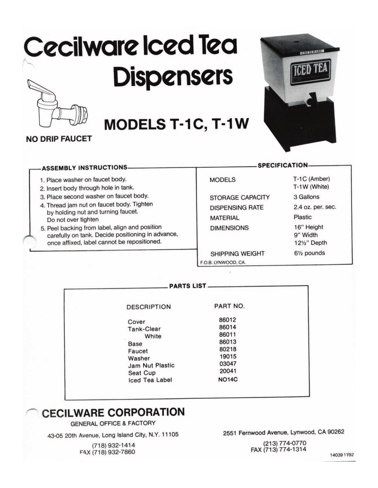 Cecilware T-1W User Manual