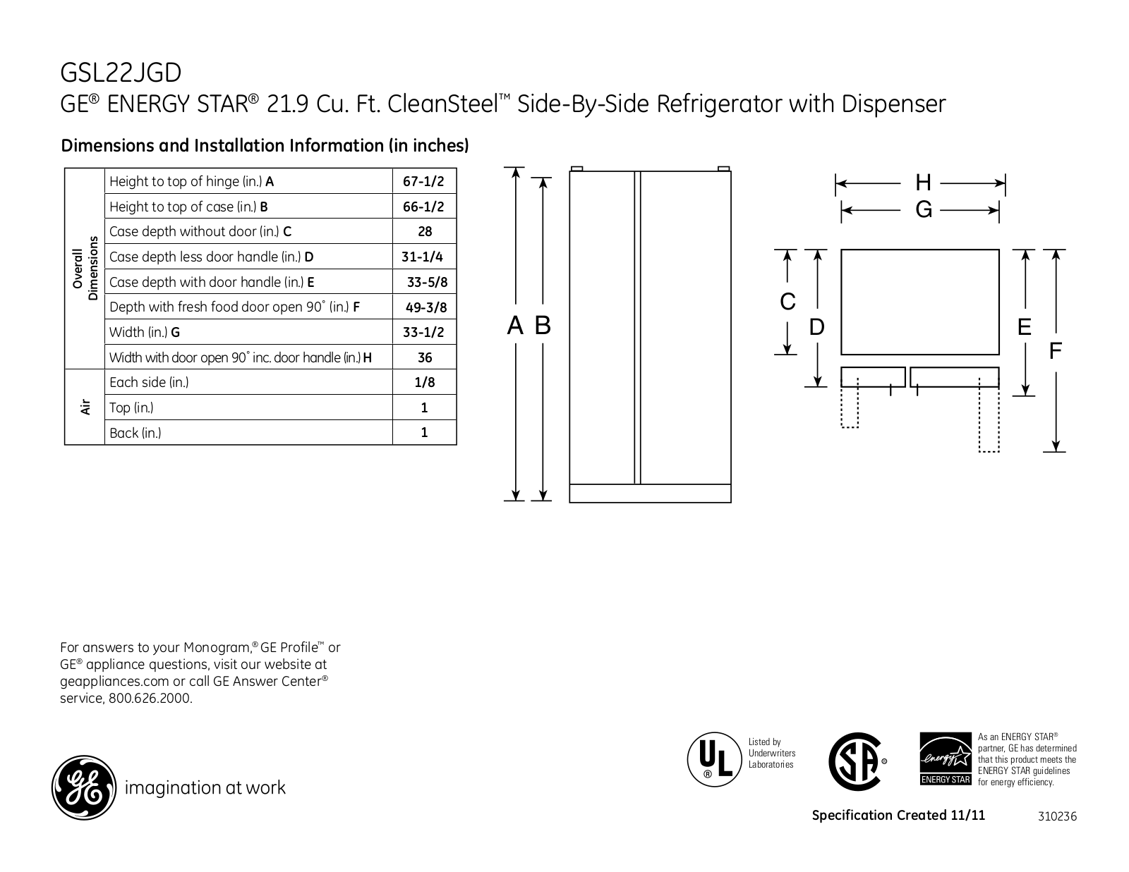 GE GSL22JGDLS Specification Sheet