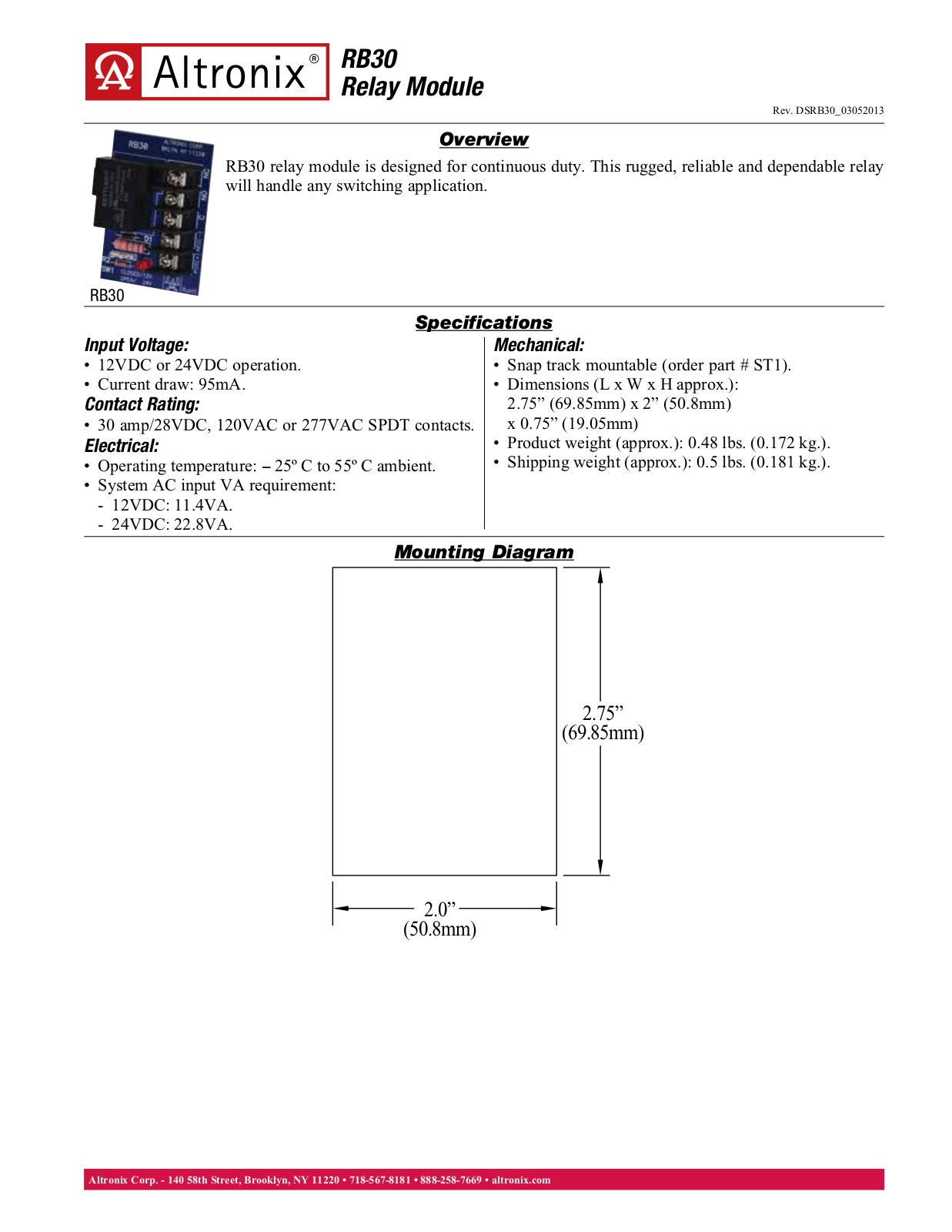 Altronix RB30 Data Sheet