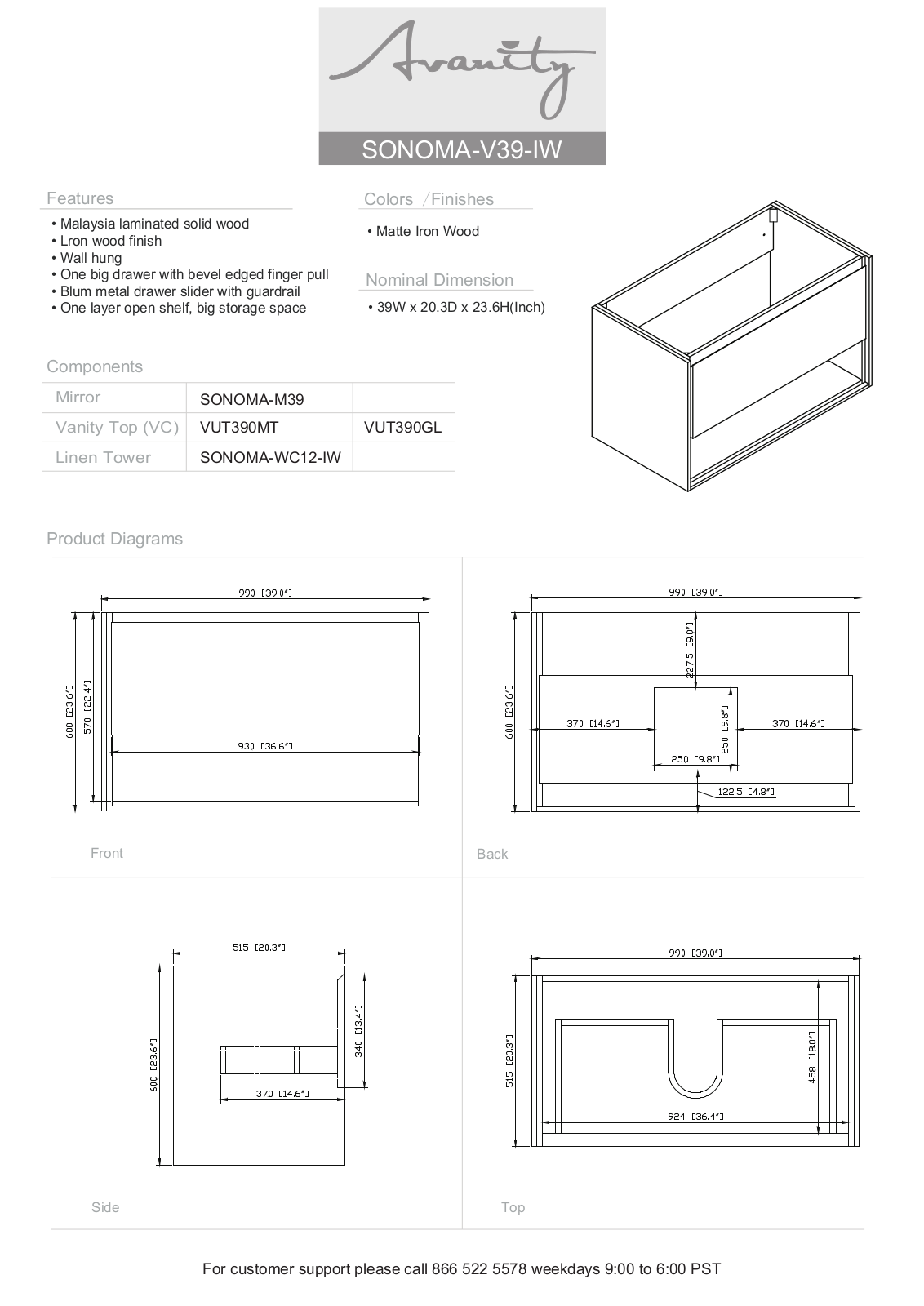 Avanity SONOMAV39RK, SONOMAV39WT Specifications