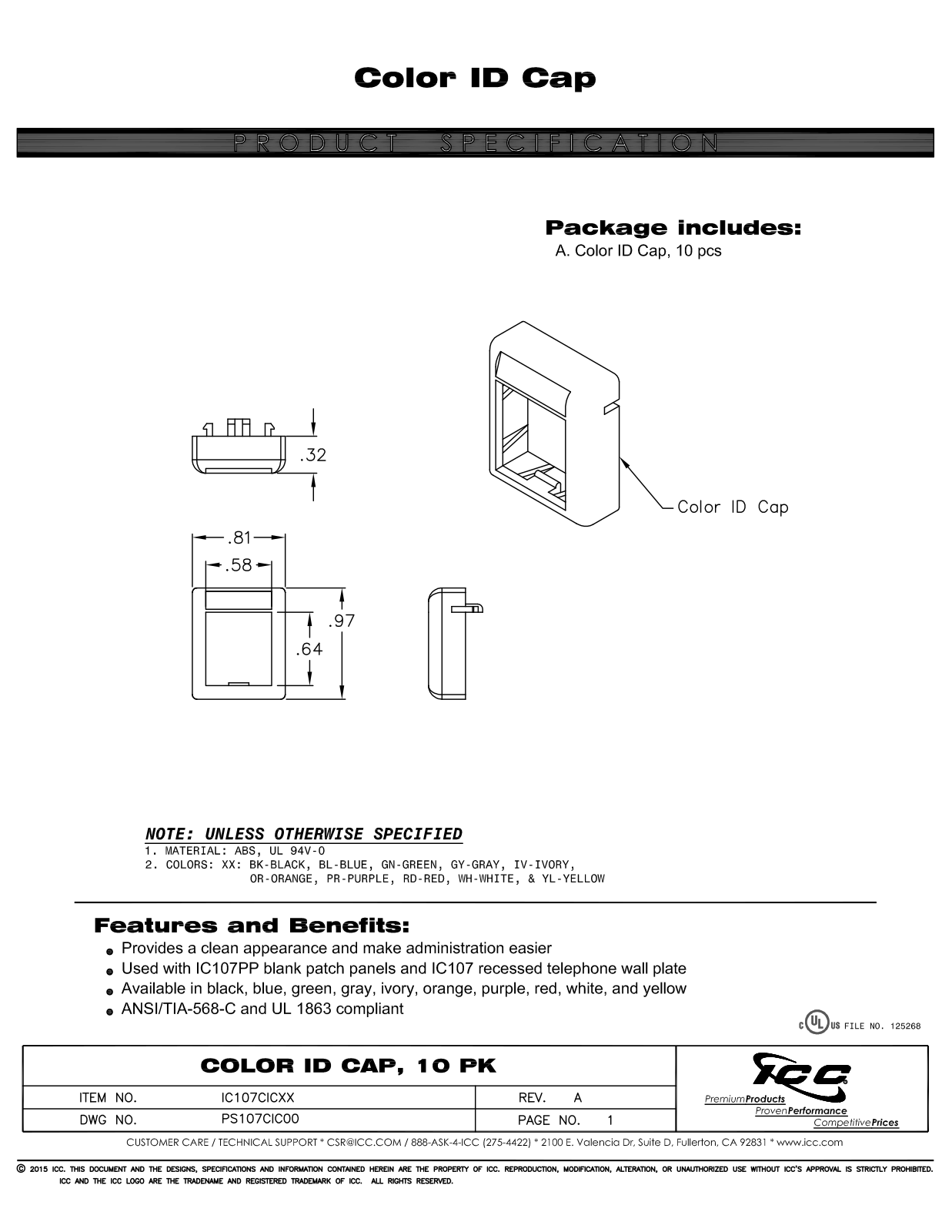 ICC IC107CICBK, IC107CICBL, IC107CICGN, IC107CICGY, IC107CICIV Specsheet