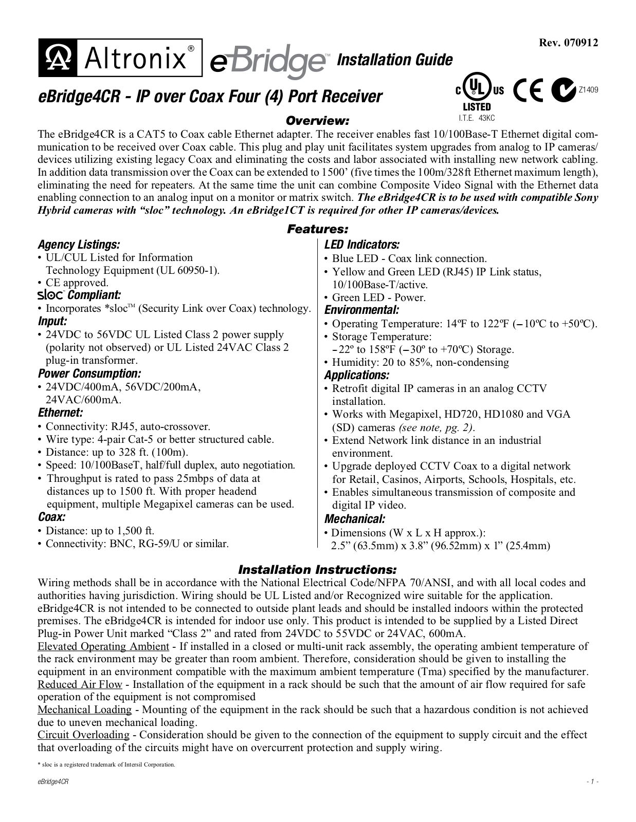 Altronix eBridge4CR Installation Instructions