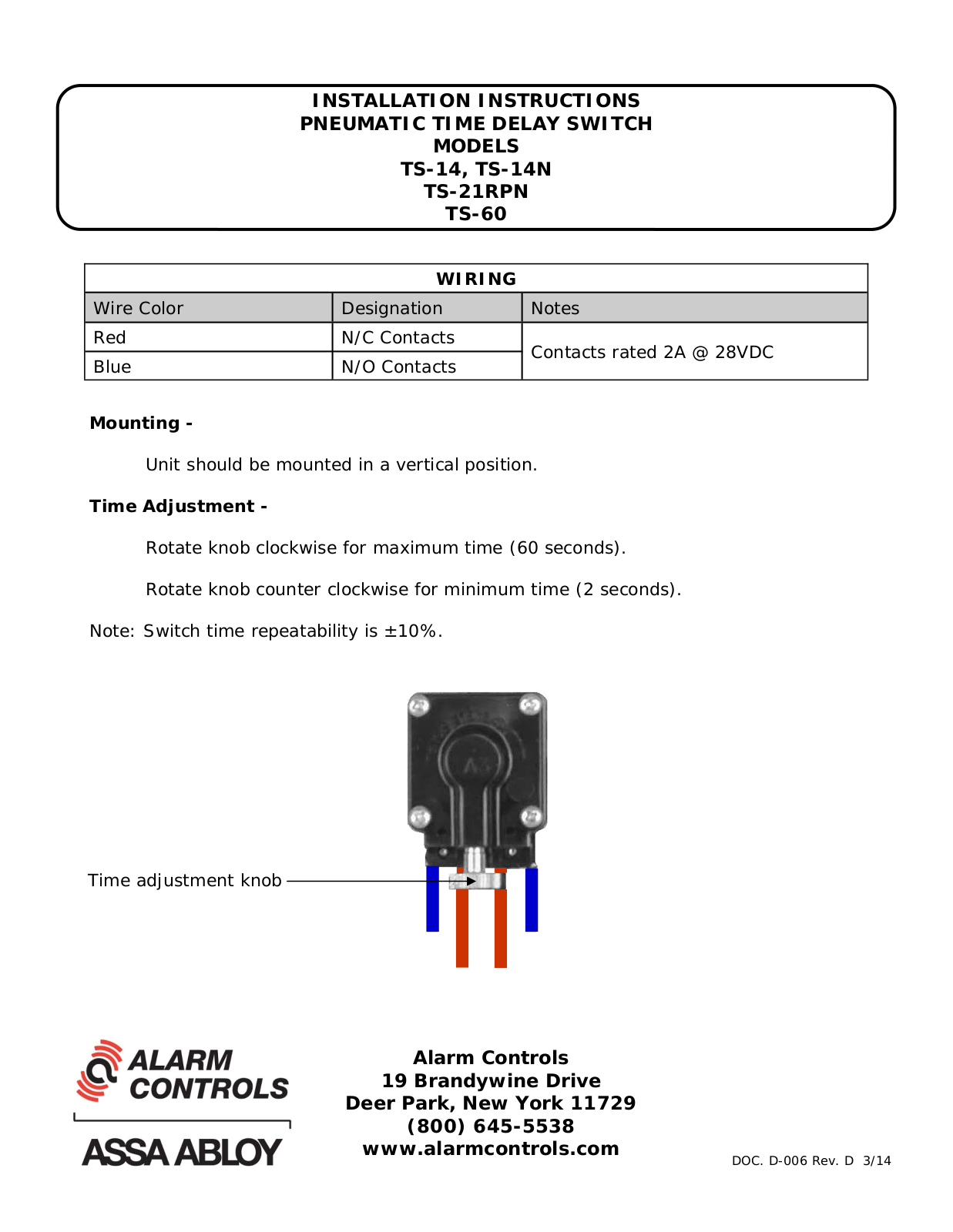 Alarm Controls TS-14, TS-14N Installation