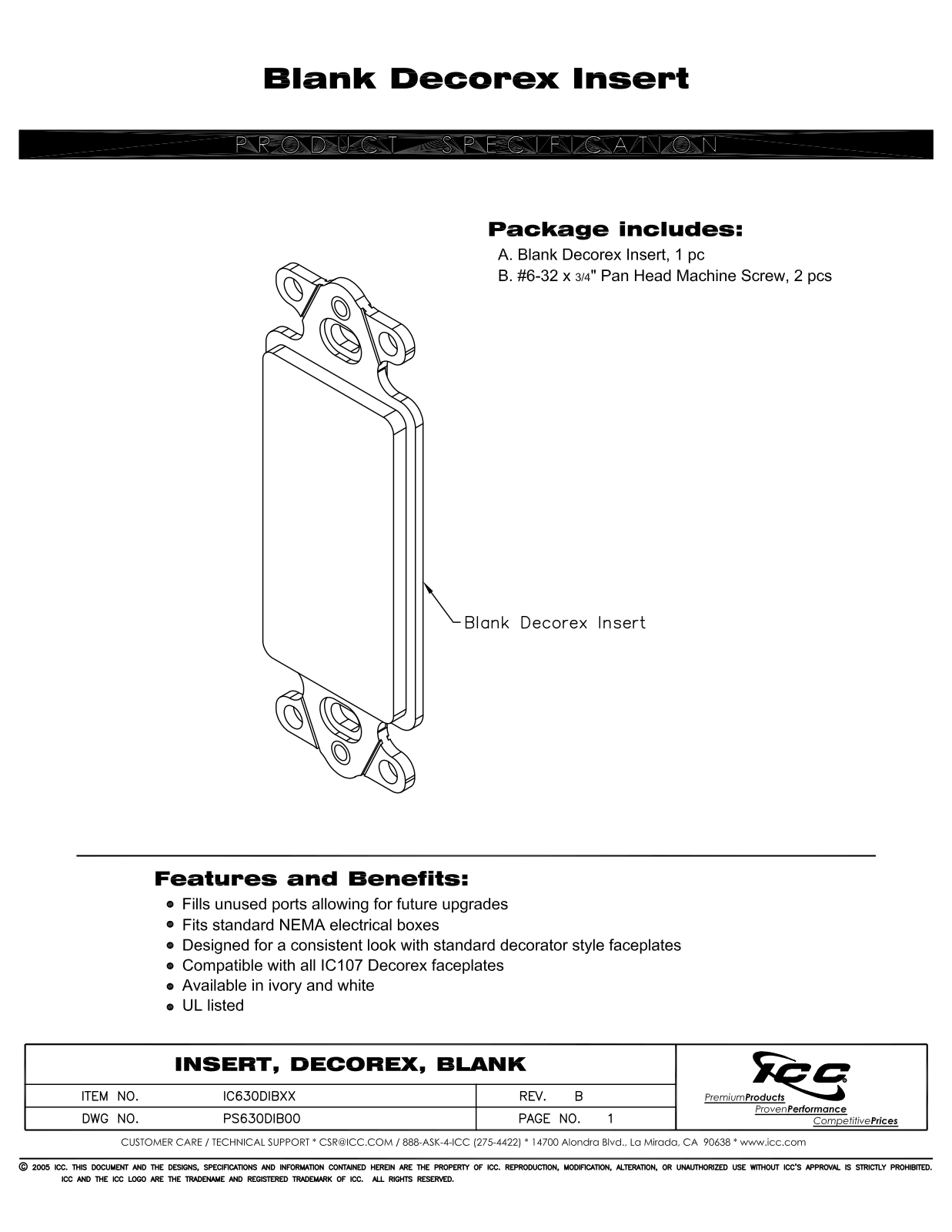 ICC IC630DIBIV, IC630DIBWH Specsheet