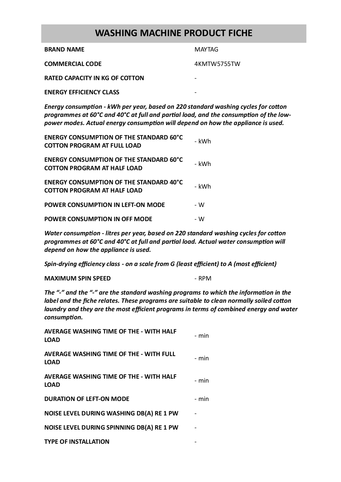 MAYTAG 4KMTW5755TW Product Sheet