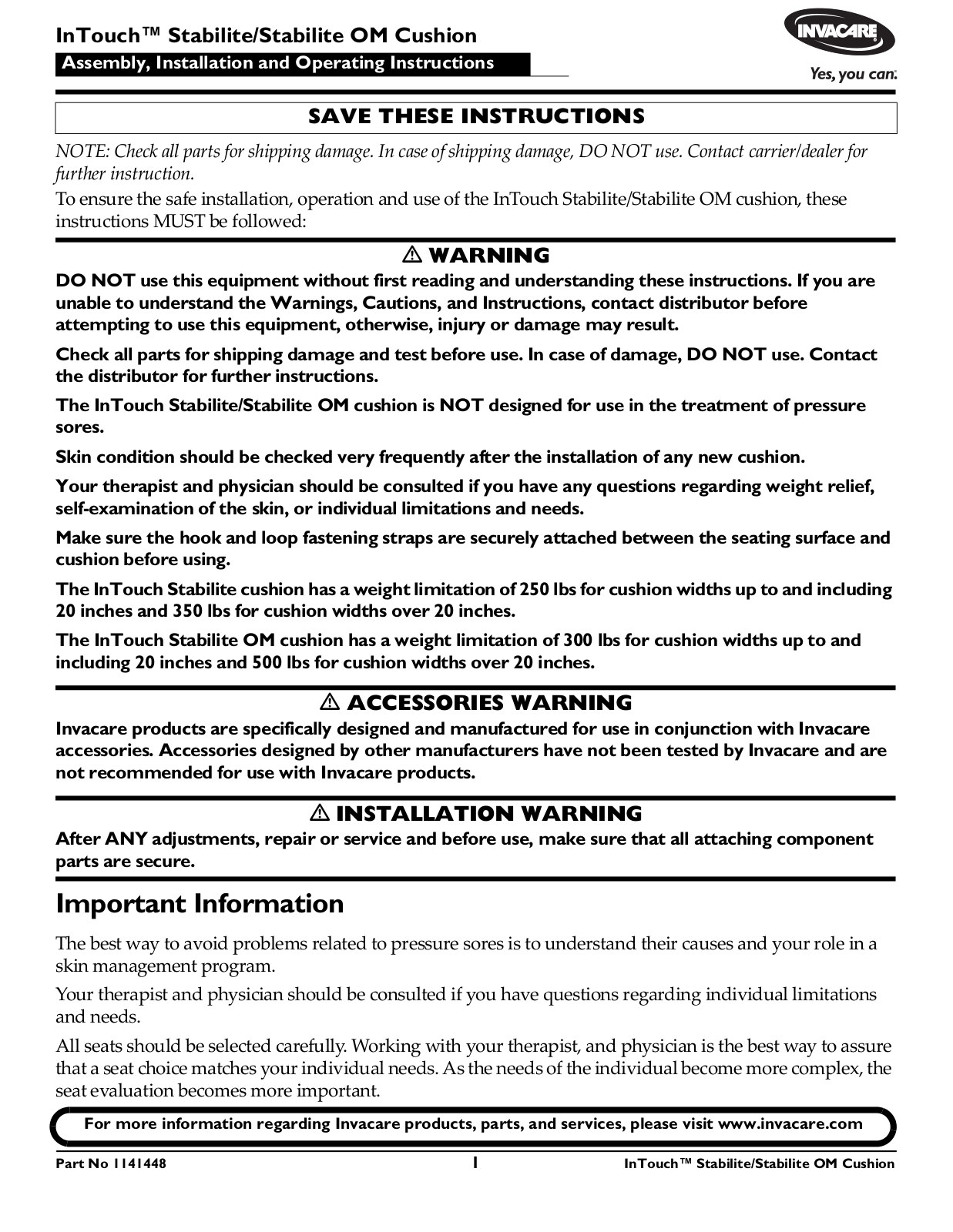 Invacare 1141448 User Manual