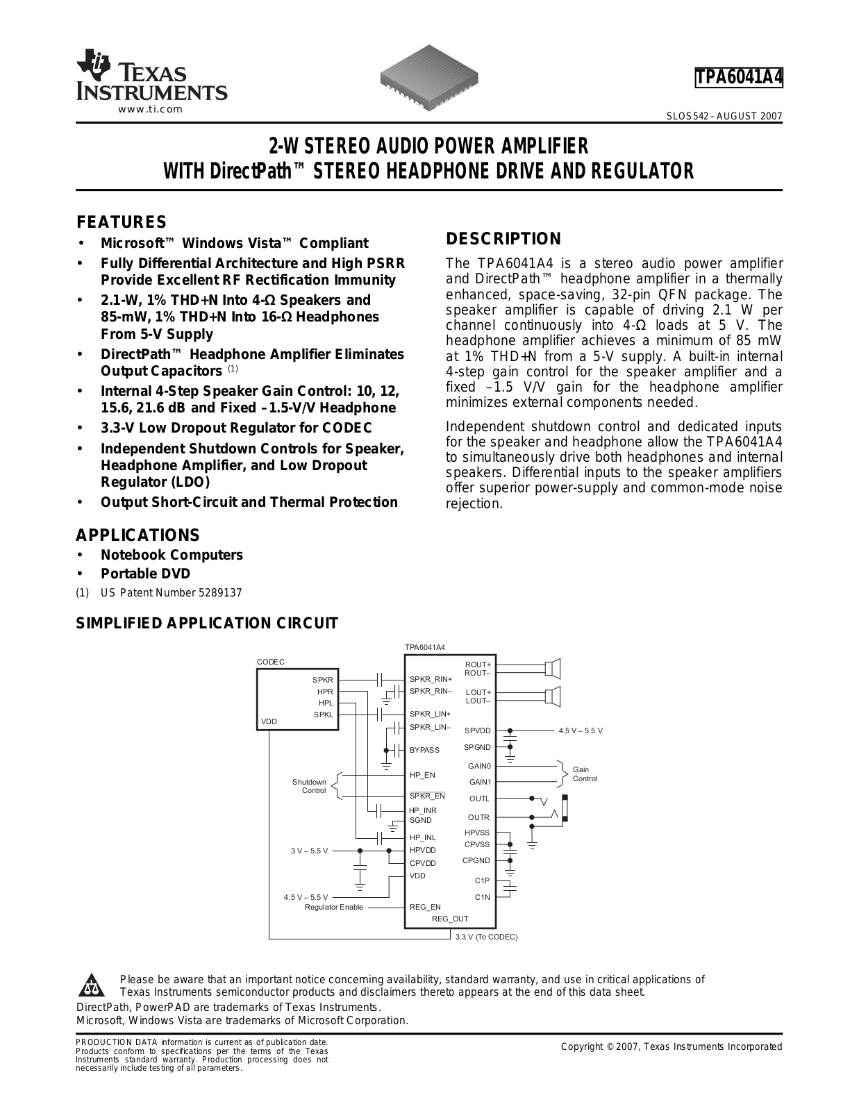 TEXAS INSTRUMENTS TPA6041A4 Technical data