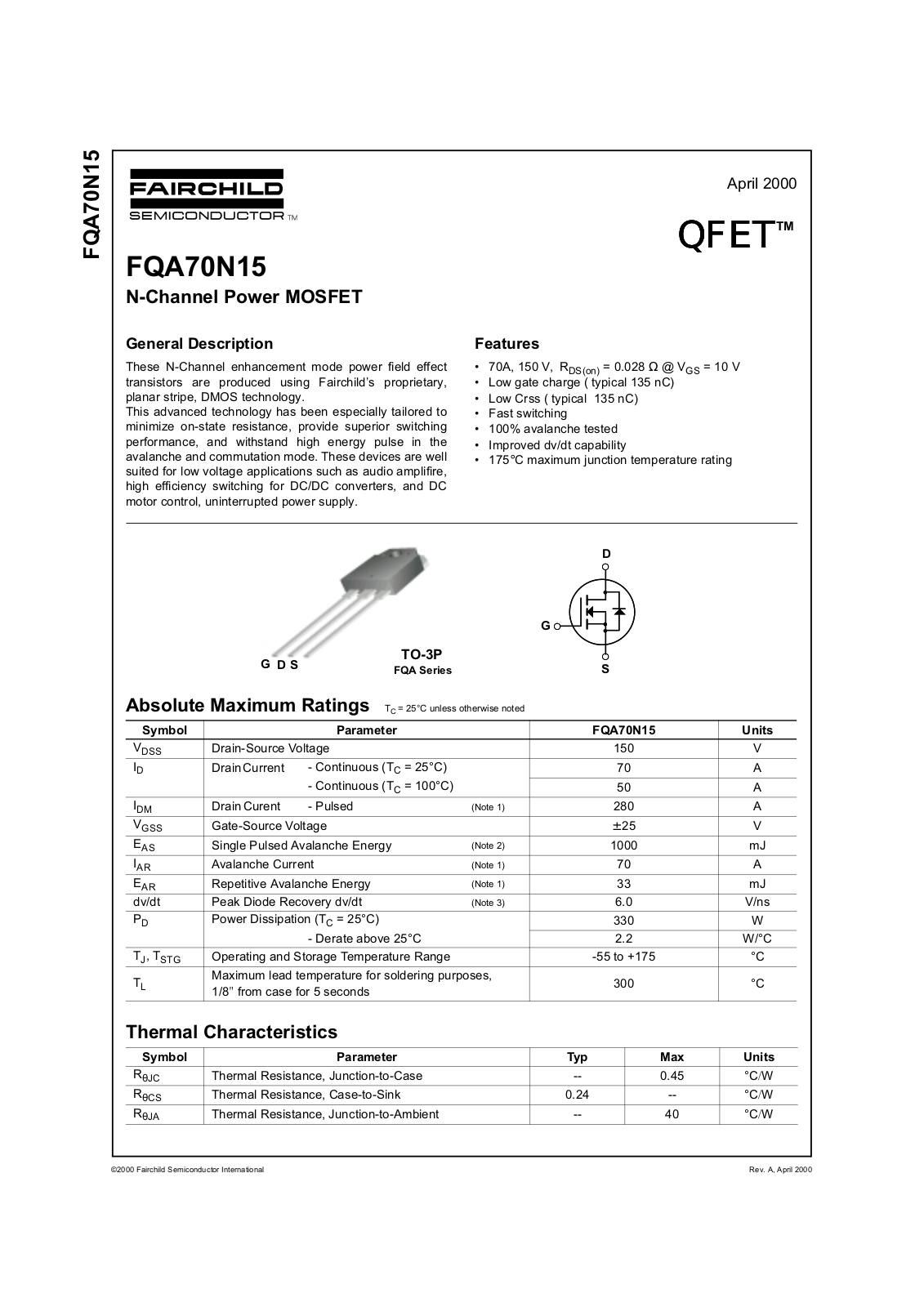 Fairchild Semiconductor FQA70N15 Datasheet