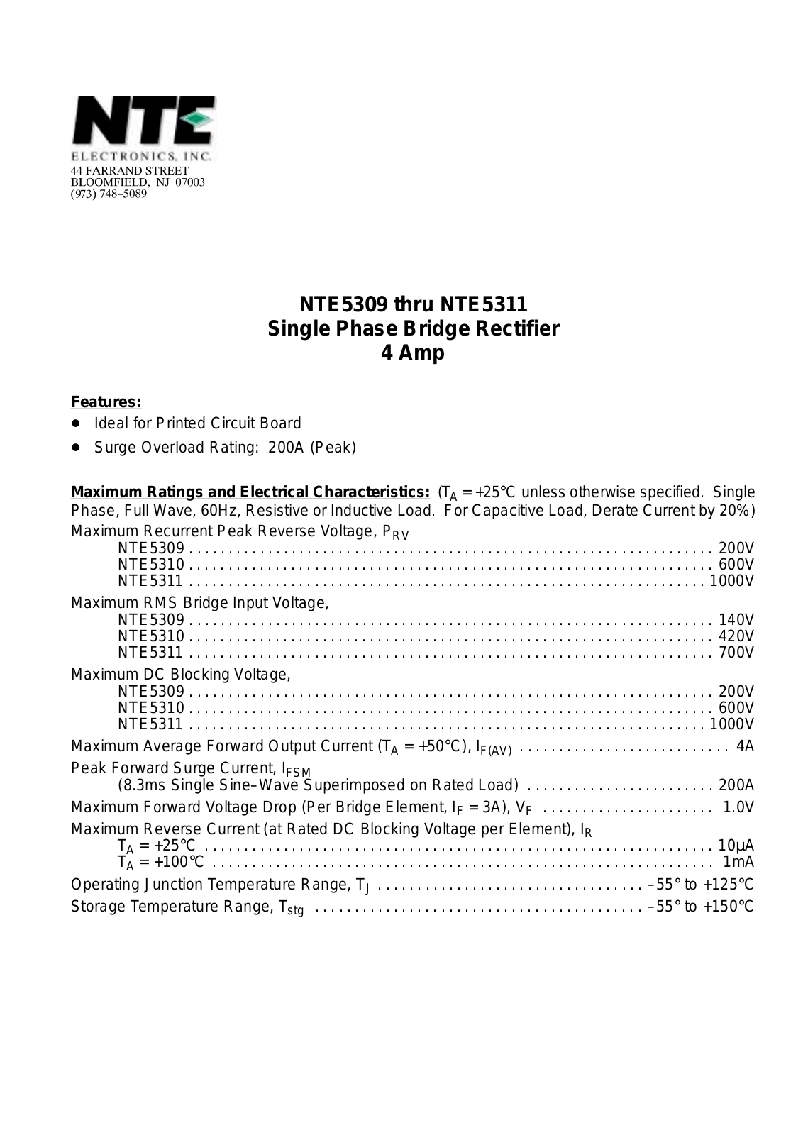 Datasheet NTE5310, NTE5309, NTE5311 Datasheet (NTE) - ManualMachine.com