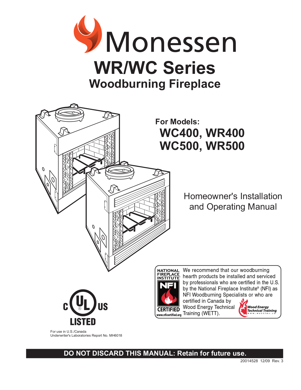 Monessen Hearth WC400, WR500, WC500, WR400 User Manual