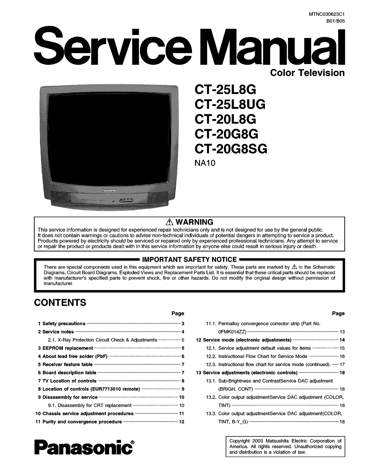 Panasonic CT20G8SG, CT25L8G, CT25L8UG, CT20G8G Service Manual