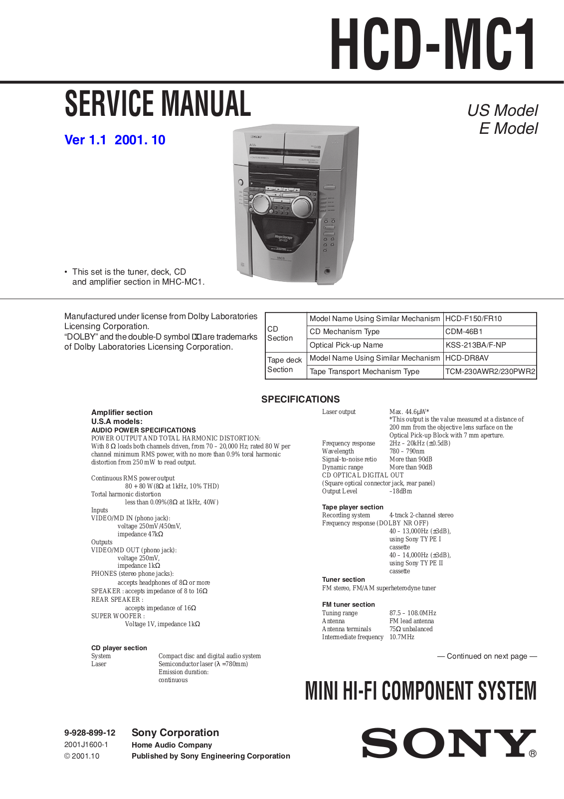 Sony HCDMC-1 Service manual