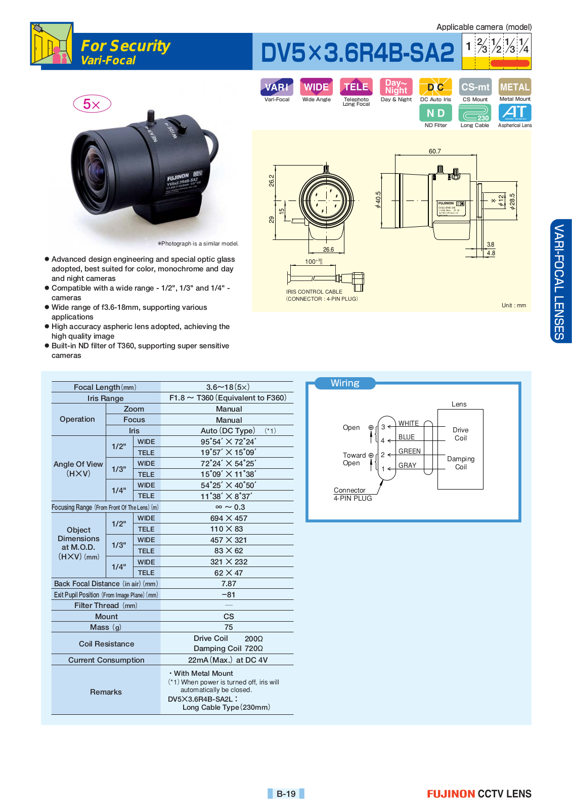 Fujinon DV5x3.6R4B-SA2L Specsheet