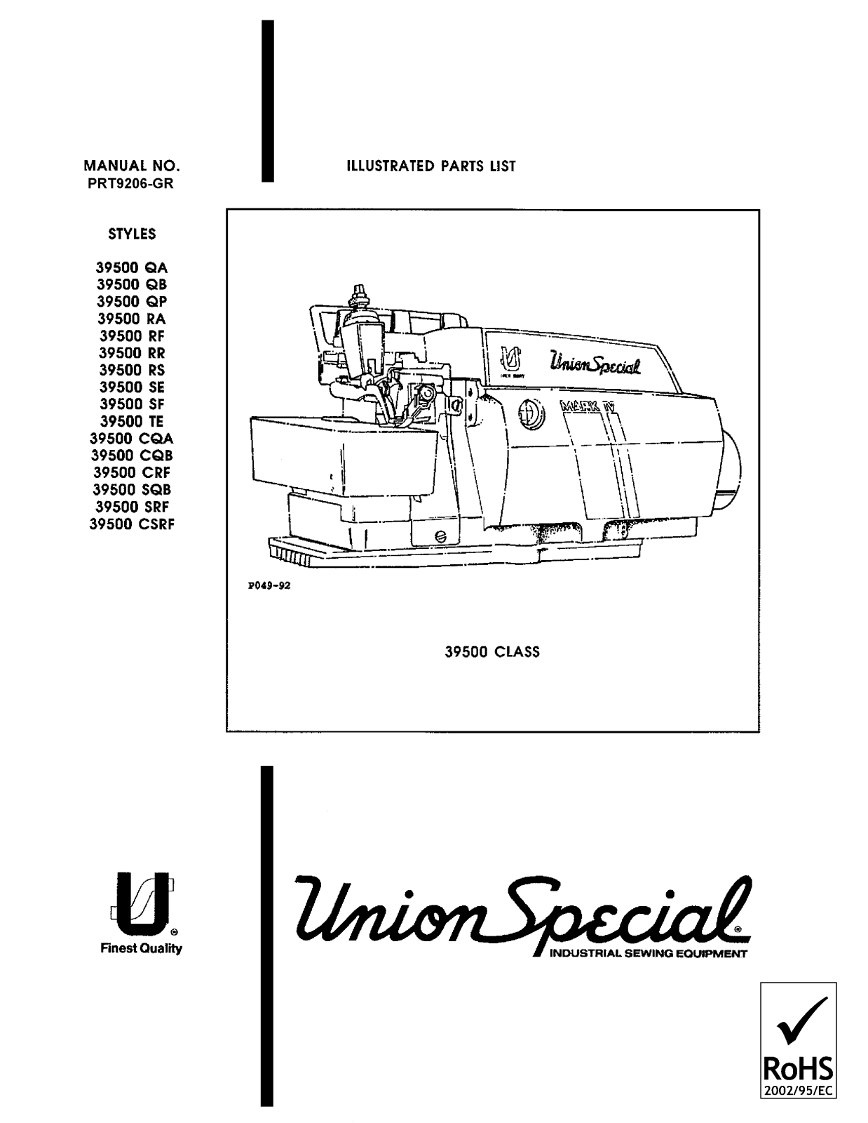 Union Special 39500CQA, 39500CQB, 39500CRF, 39500CSRF, 39500QA Parts List