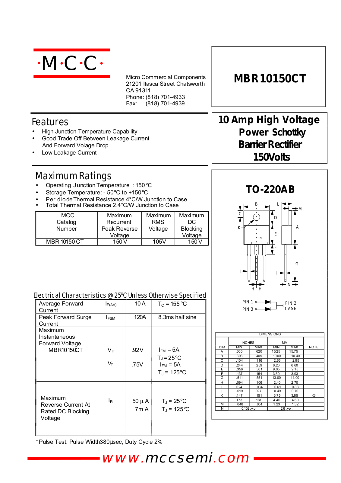 Micro Commercial Components MBR10150CT Technical data