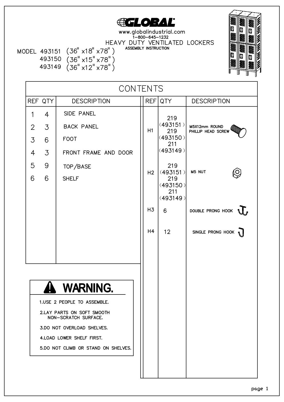 Global Industrial 493144GY User Manual