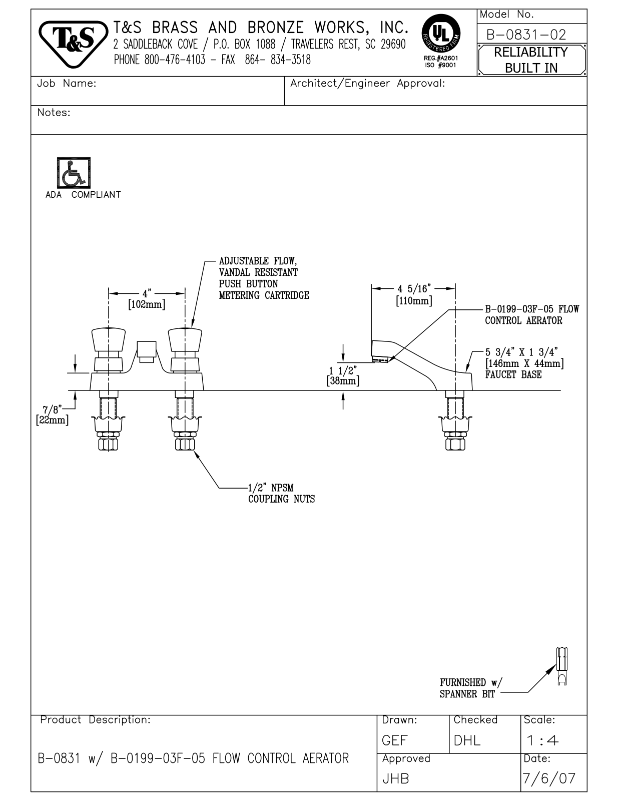 T&S Brass B-0831-02 User Manual