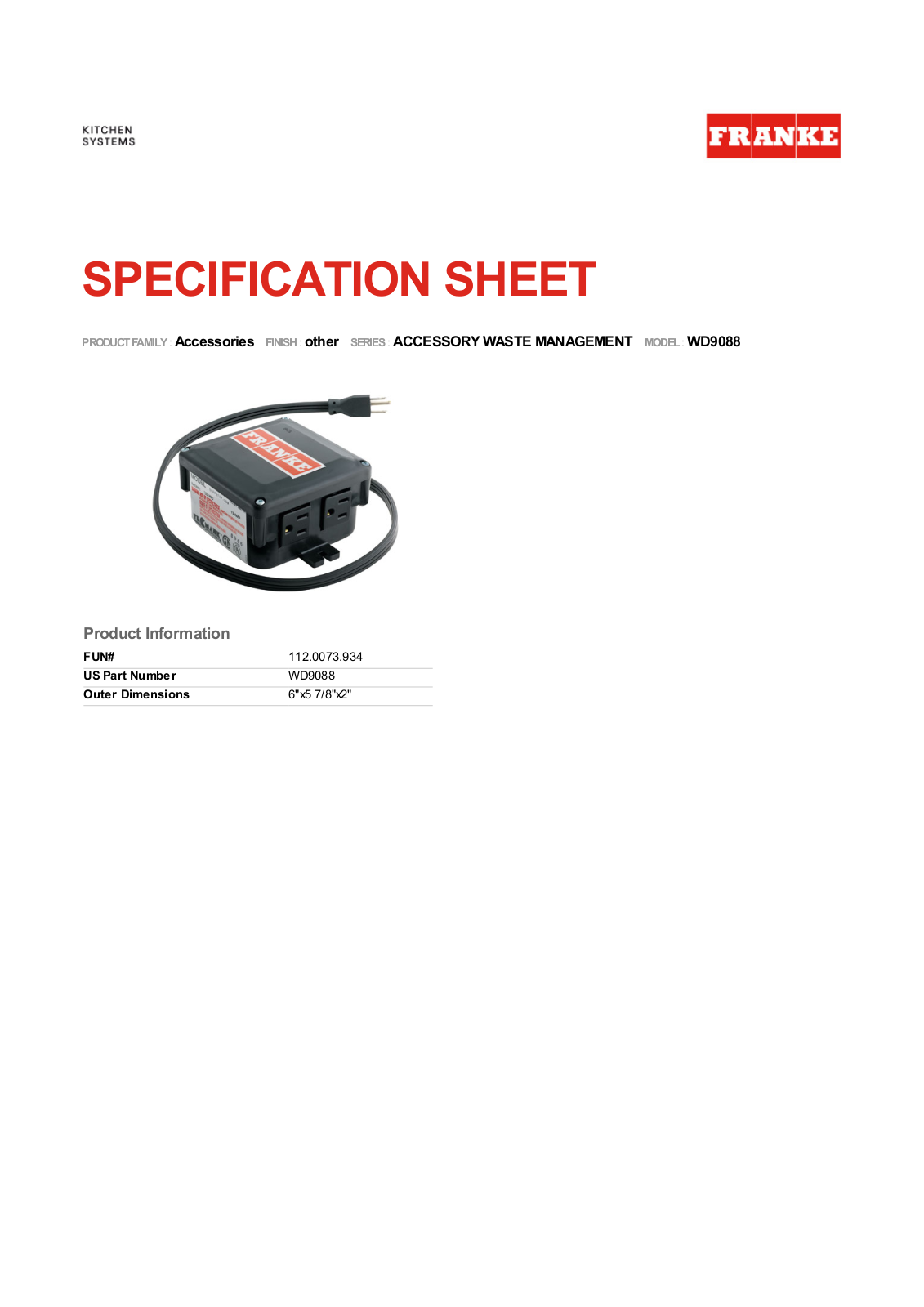 Franke WD9088 Specification Sheet