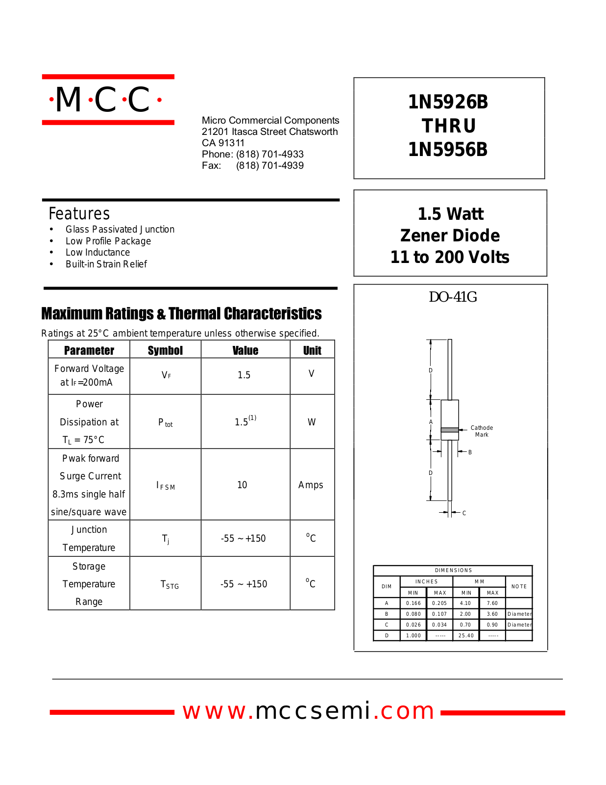 MCC 1N5956B, 1N5955B, 1N5954B, 1N5953B, 1N5952B Datasheet