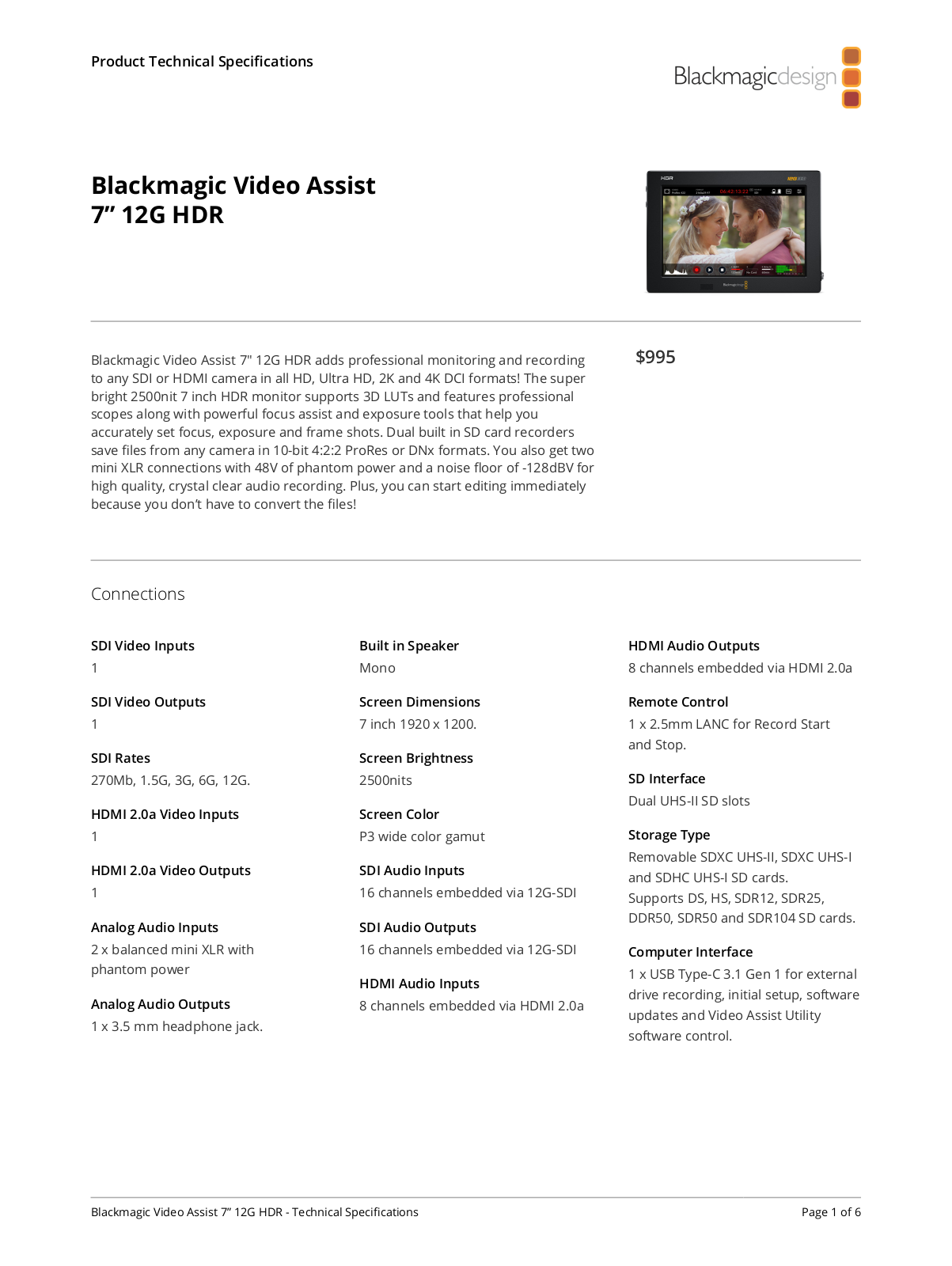 Blackmagic Design Video Assist 7 Specifications