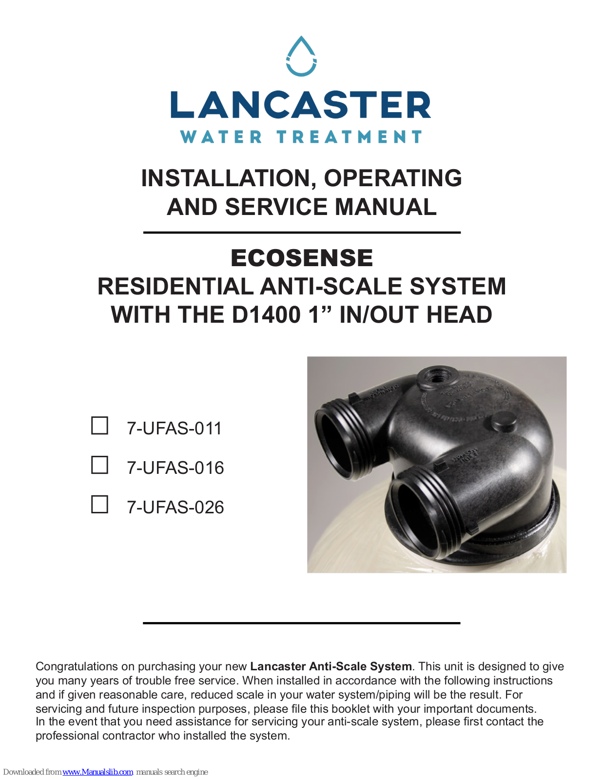 Lancaster ECOSENSE 7-UFAS-011, ECOSENSE 7-UFAS-026, ECOSENSE 7-UFAS-016 Installation, Operating And Service Manual