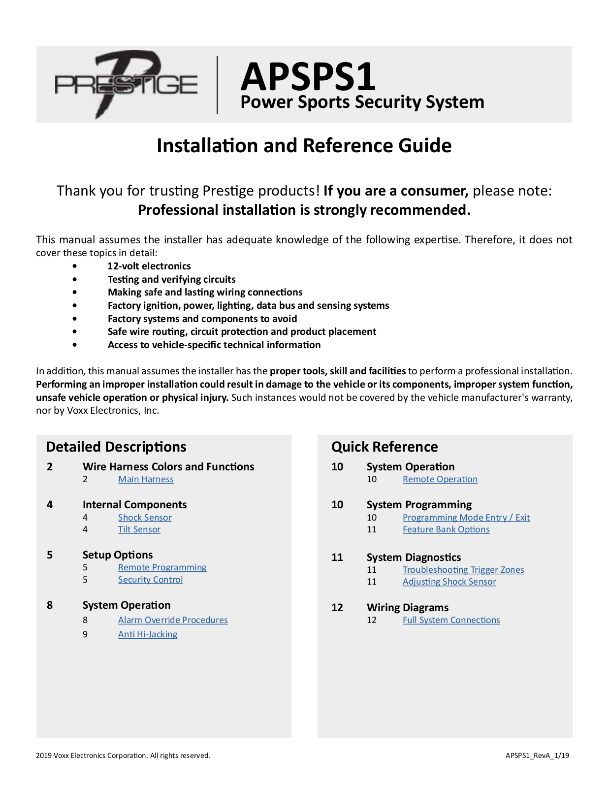 Voxx Electronics Prestige APSPS1 Installation And Reference Manual