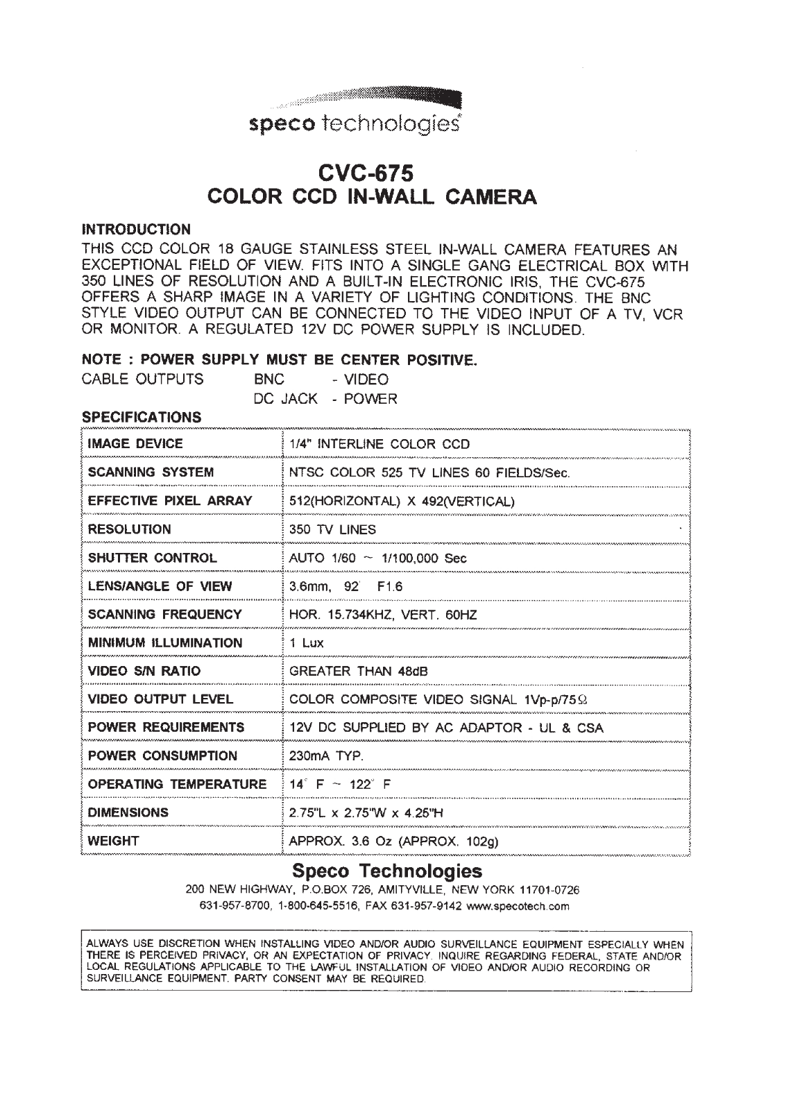 Speco Technologies CVC675 Specifications