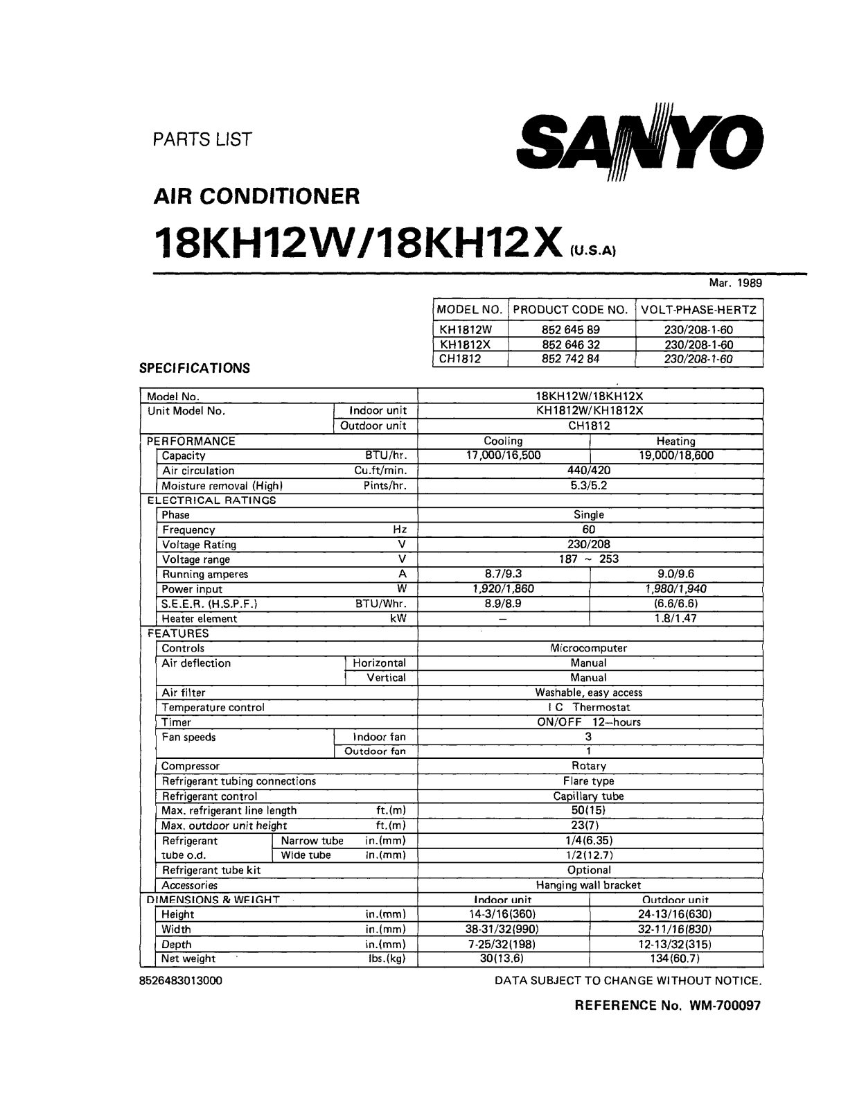 Sanyo 18KH12X, 18KH12W Part List