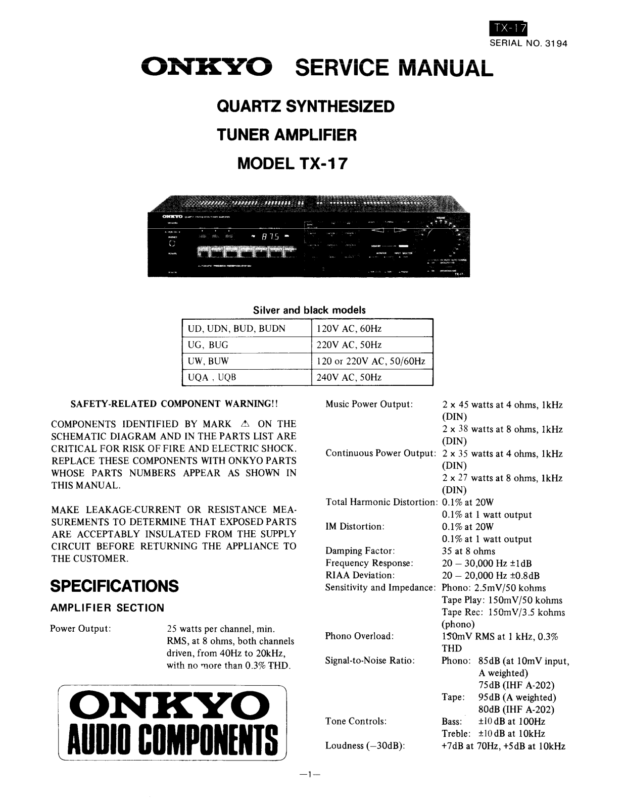 Onkyo TX-17, TX-17-B Service manual