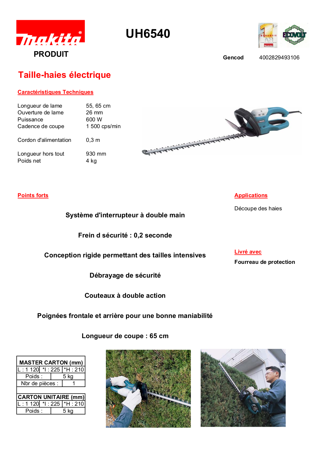 Makita UH6540 TECHNICAL CHARACTERISTICS